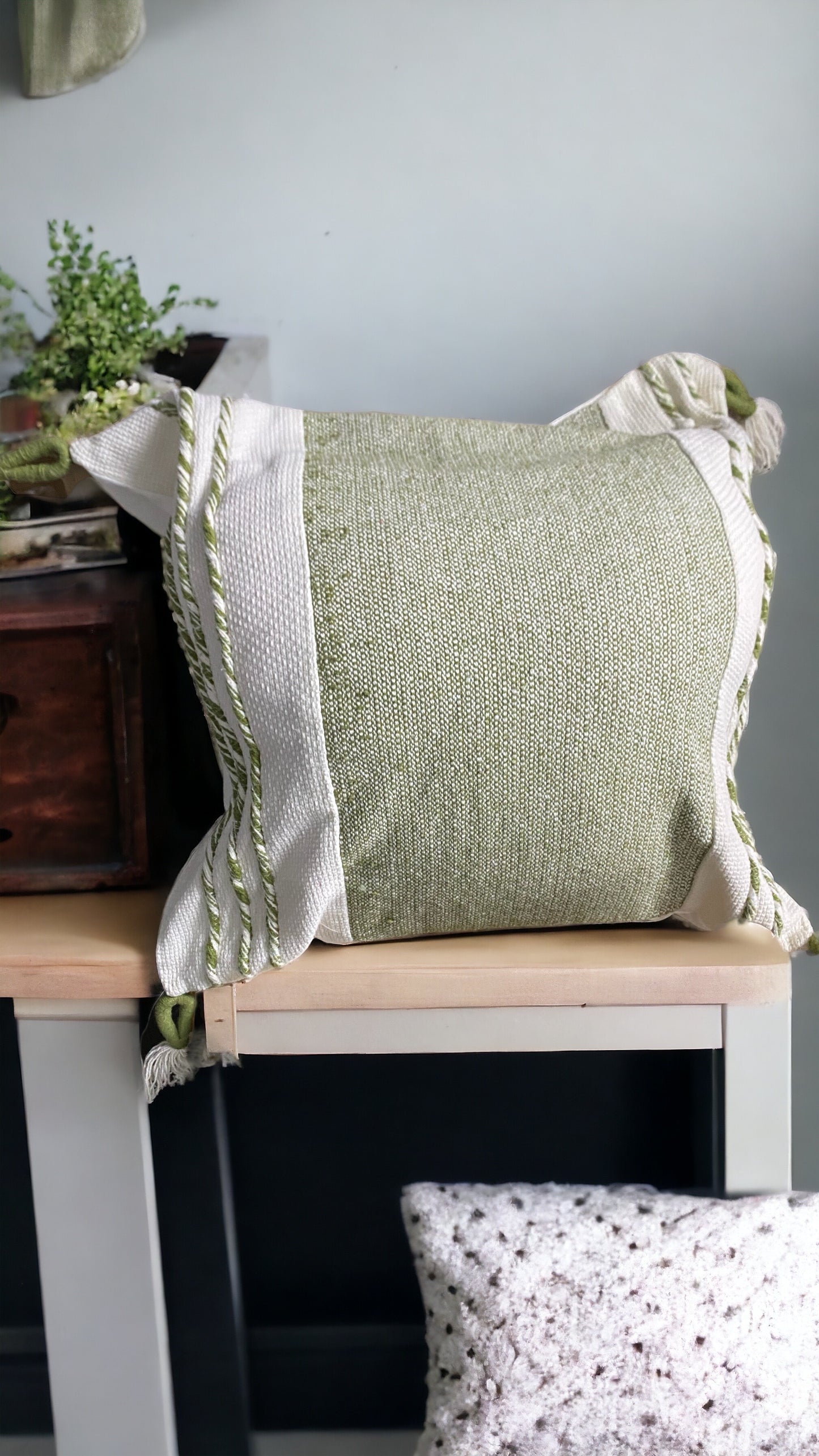 Green & Natural White Striped Tasseled Linen Textured, 2 Pillow Covers 20 X 20