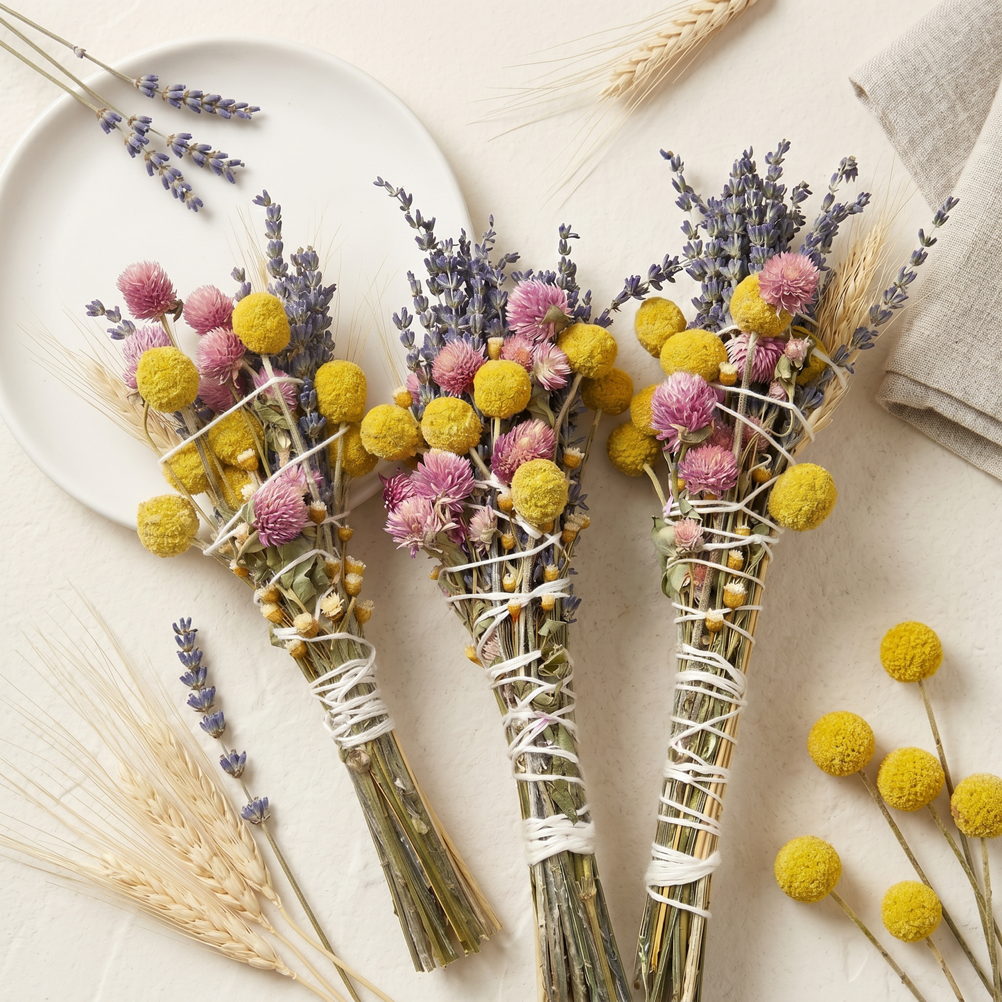 Lavender & Wheat Floral Wand Smudge Stick 6" | Lavender, Wheat & Gypsum Flat Lay | Sunsum®