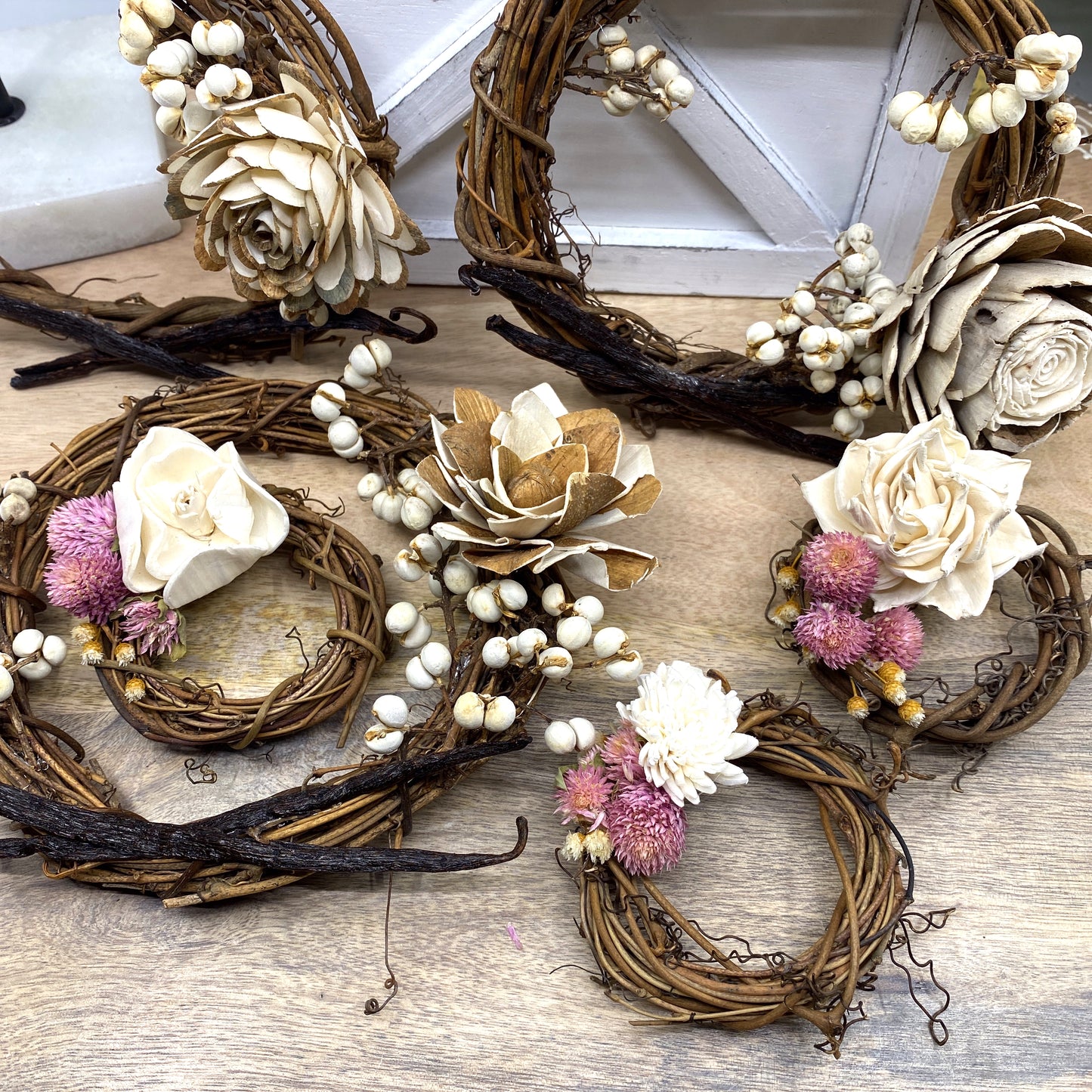 Vanilla Bean, Grapevine Wreath Ornaments with Dried Flowers, 6” Sunsum®