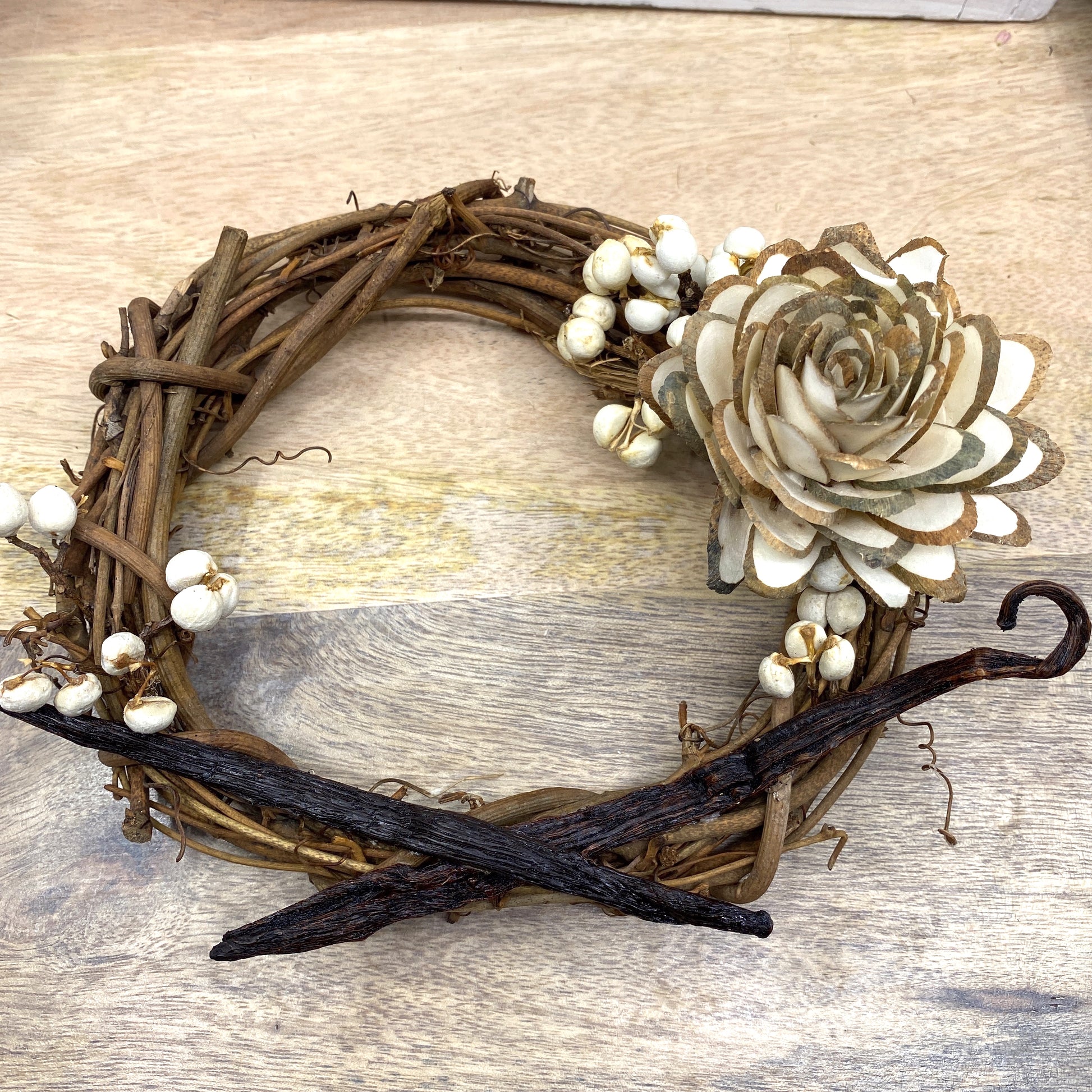 Vanilla Bean, Grapevine Wreath Ornaments with Dried Flowers, 6” Sunsum®