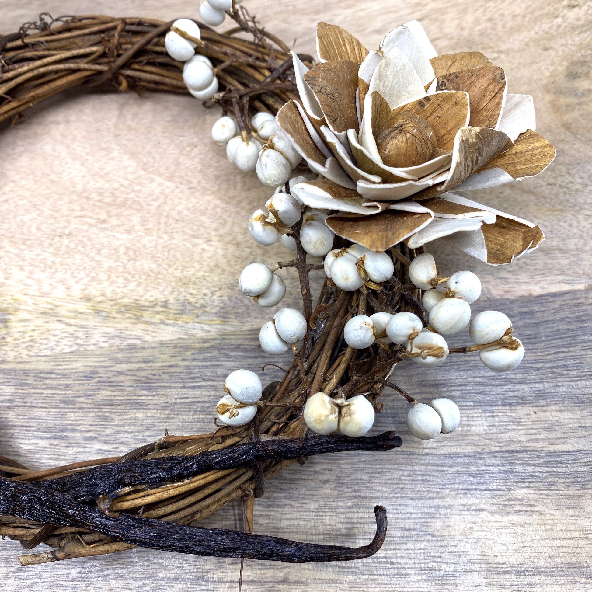 Vanilla Bean, Grapevine Wreath Ornaments with Dried Flowers, 6” Sunsum®