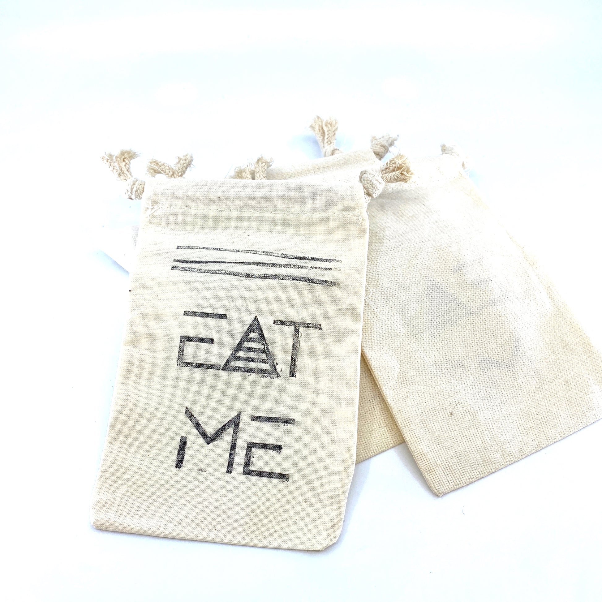 Hand Stamped, Eat Me, Cotton Drawstring Pouches 4" x 6" Sunsum®