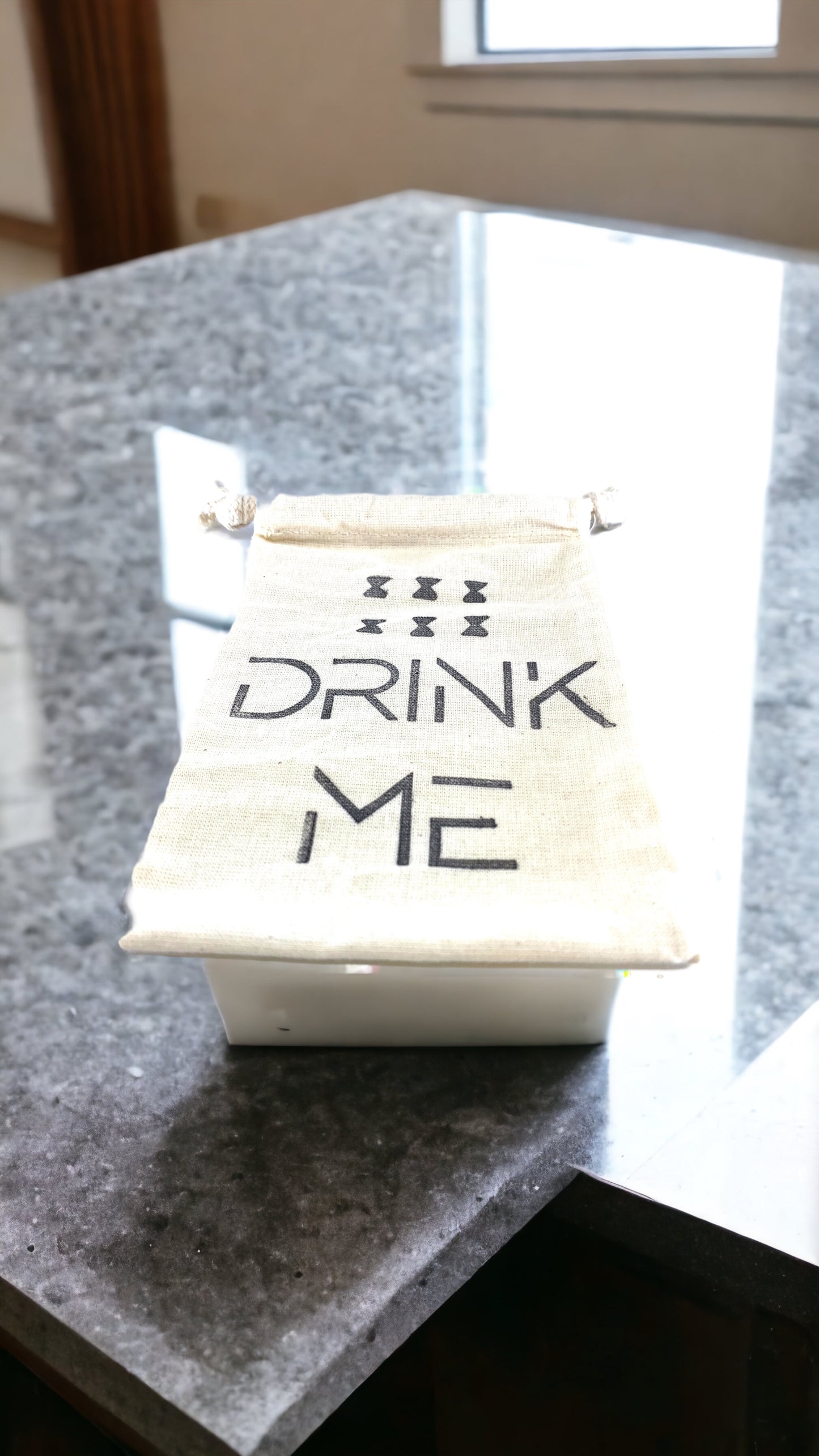 Hand Stamped, Drink Me, Cotton Drawstring Pouches 4" x 6"