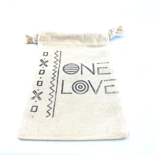 Hand Stamped, One Love, Cotton Drawstring Pouches 4" x 6" Sunsum®