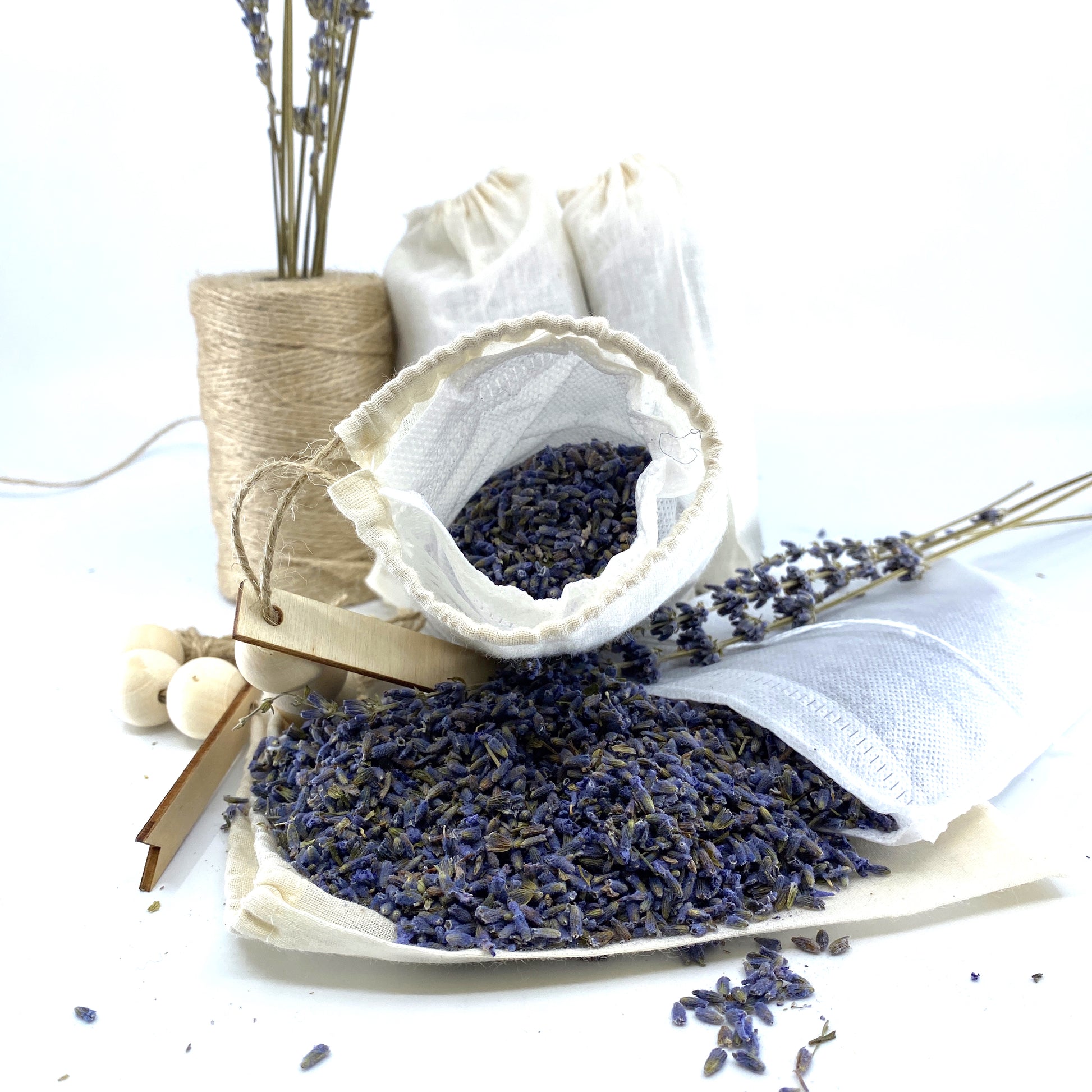 100% Naturally Dried Lavender Flowers, Jute & Wooden Beaded Drawstring Sack, 1/2 oz Sunsum®