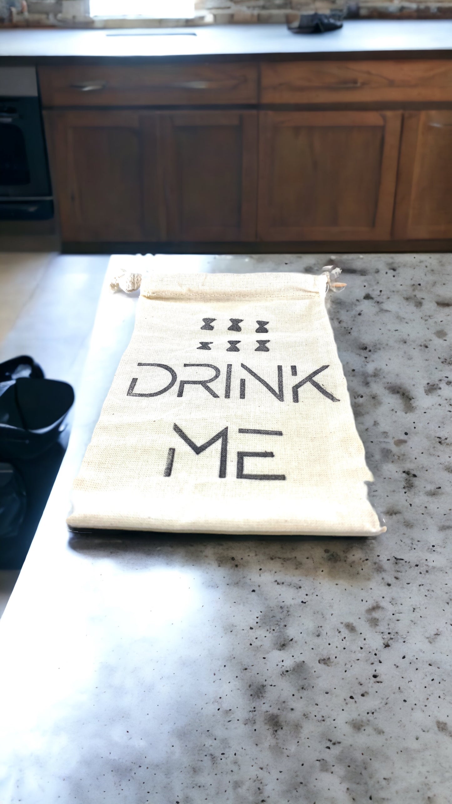 Hand Stamped, Drink Me, Cotton Drawstring Pouches 4" x 6"