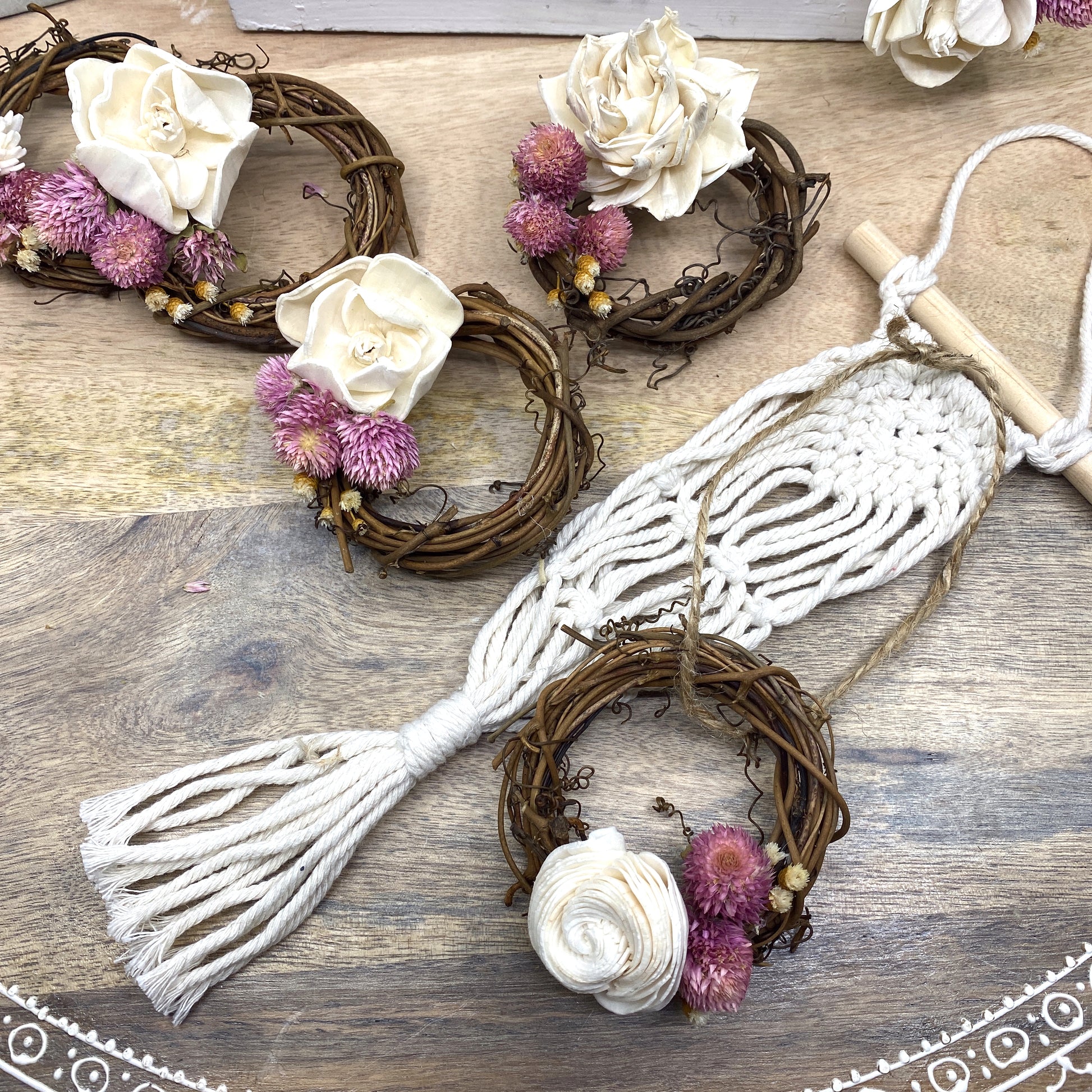Mini Grapevine Wreath Ornaments with Dried Flowers, 3” Sunsum®