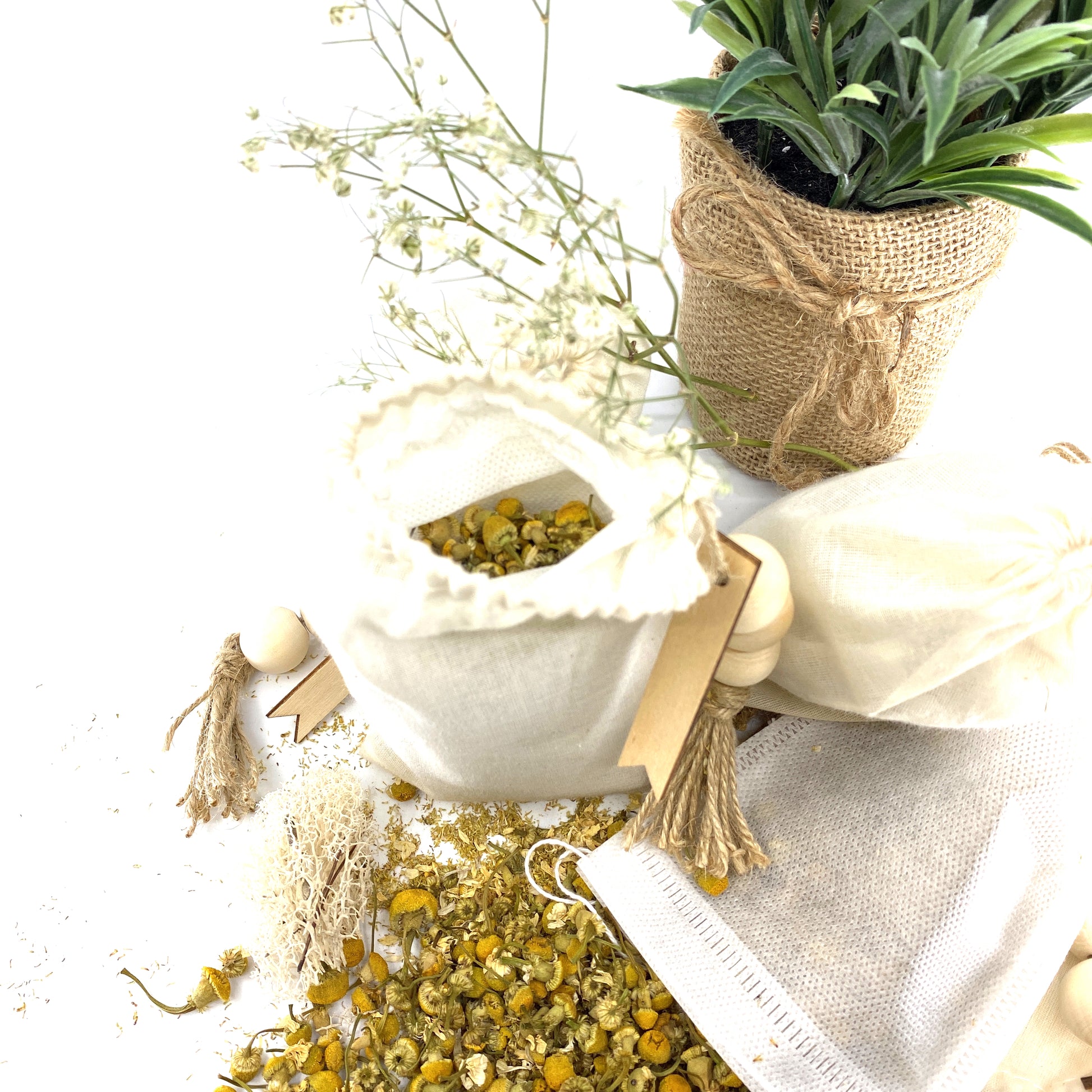 100% Naturally Dried Chamomile Flowers, Jute & Wooden Beaded Drawstring Sack, 1/2 oz Sunsum®