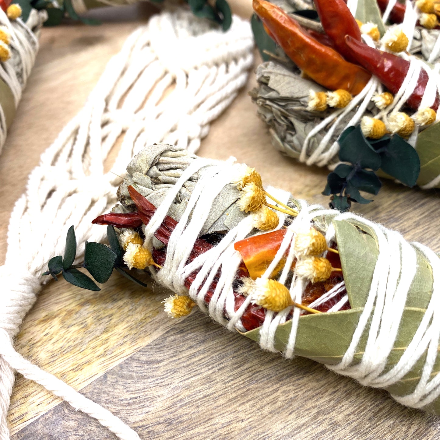 White Sage & Copal Smudge Stick with Red Chili Peppers, Bay Leaves,  4 " Sunsum®