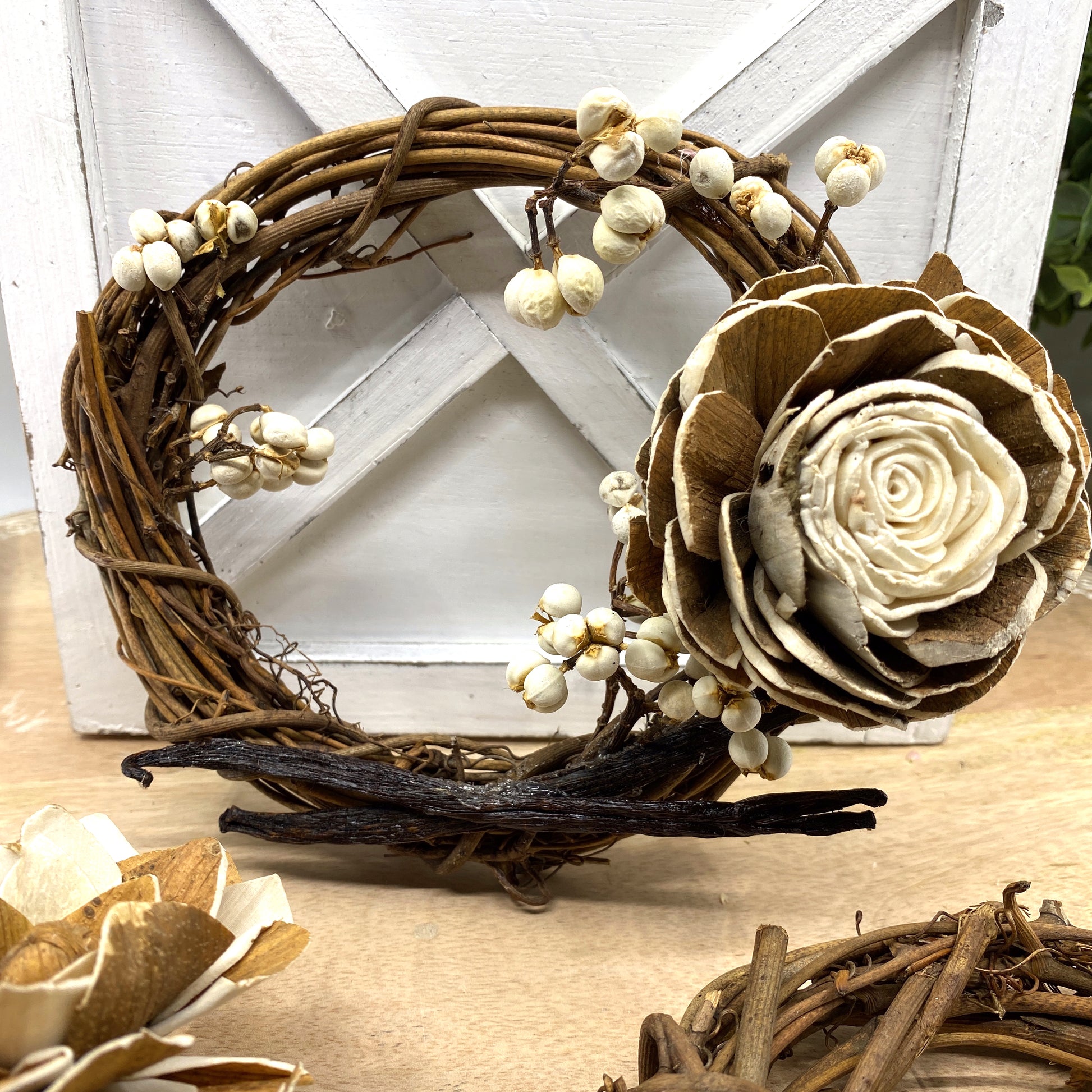 Vanilla Bean, Grapevine Wreath Ornaments with Dried Flowers, 6” Sunsum®