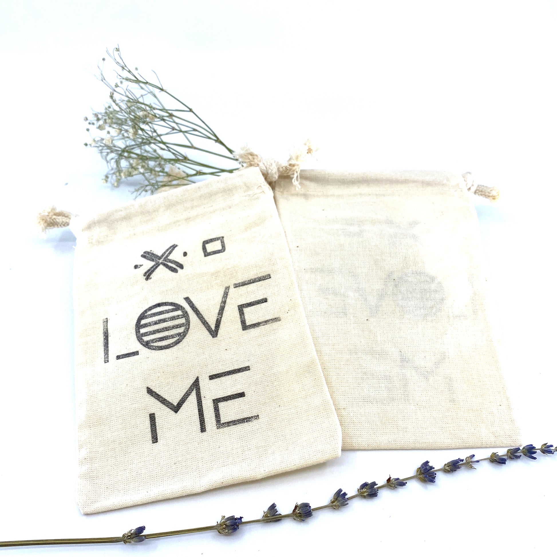 Hand Stamped, Love Me, Cotton Drawstring Pouches 4" x 6" Sunsum®