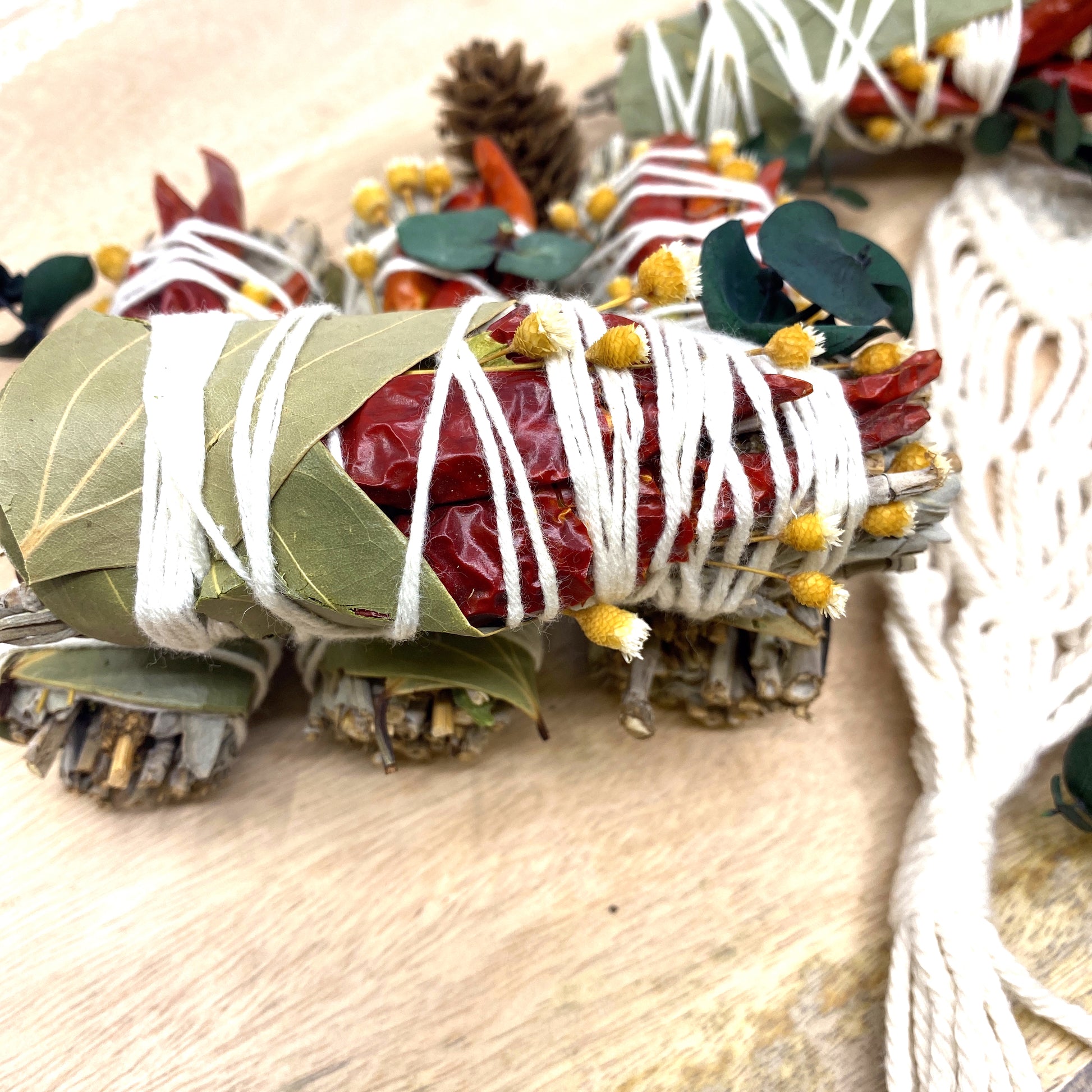White Sage & Copal Smudge Stick with Red Chili Peppers, Bay Leaves,  4 " Sunsum®
