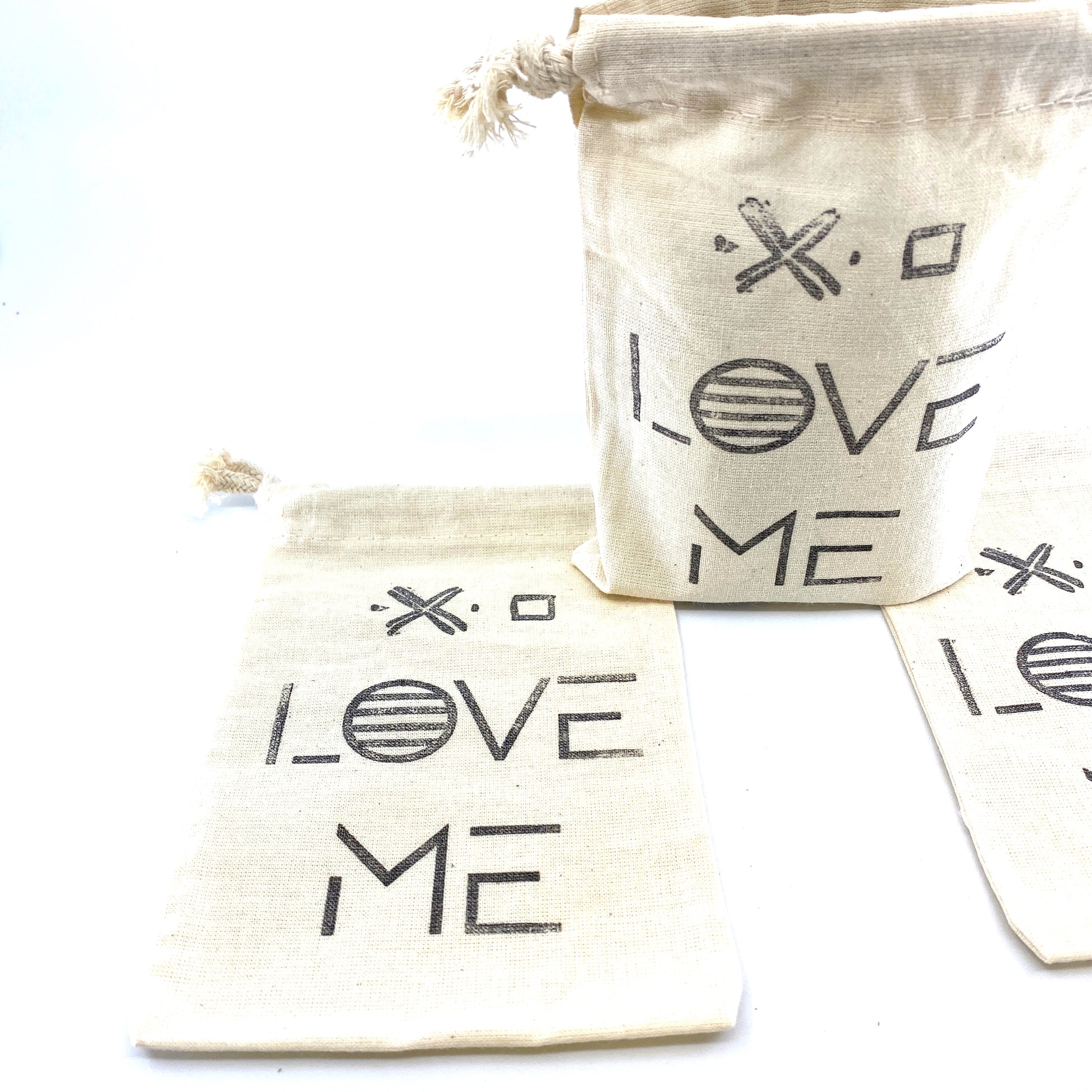 Hand Stamped, Love Me, Cotton Drawstring Pouches 4" x 6" Sunsum®