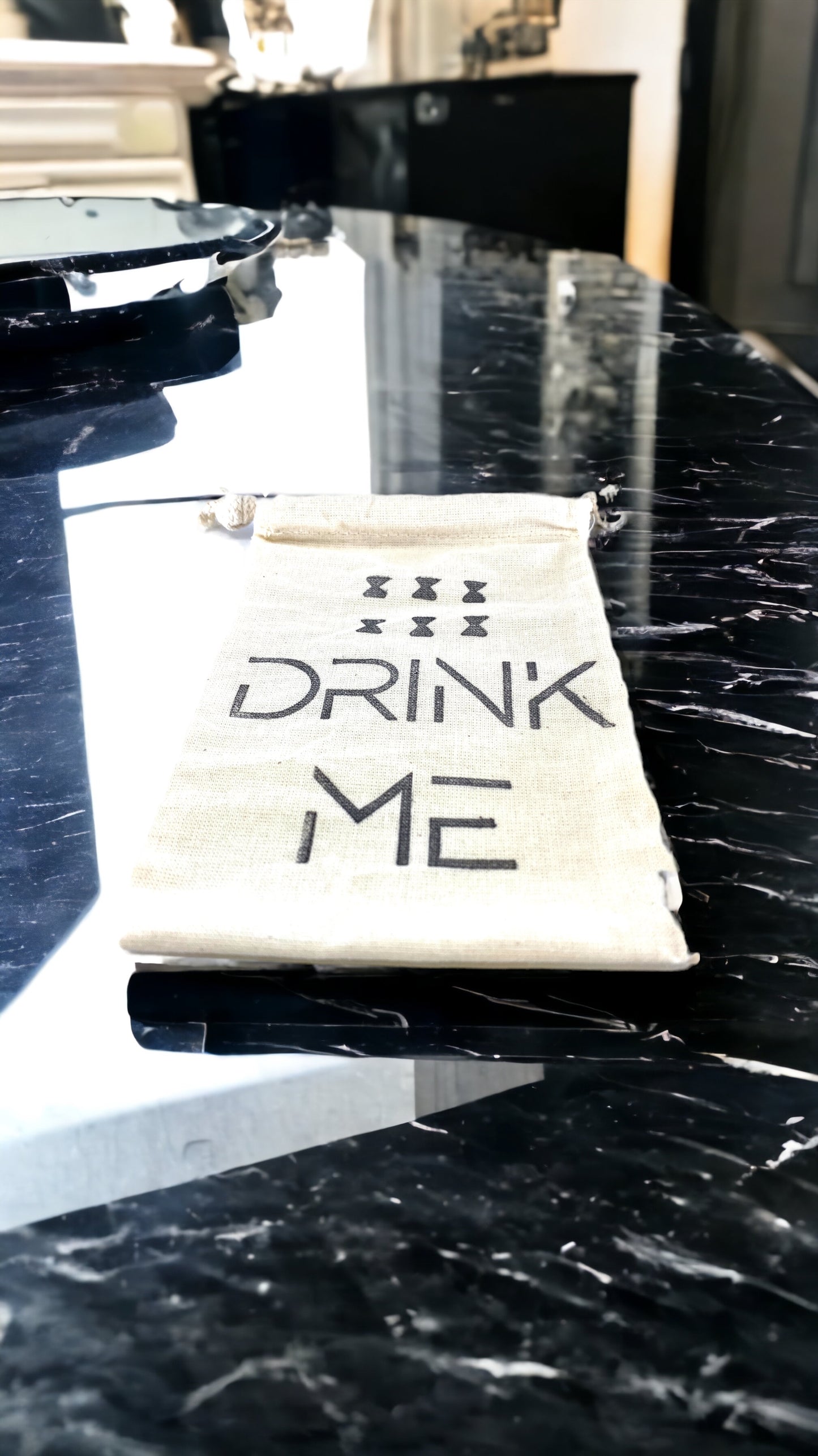Hand Stamped, Drink Me, Cotton Drawstring Pouches 4" x 6"