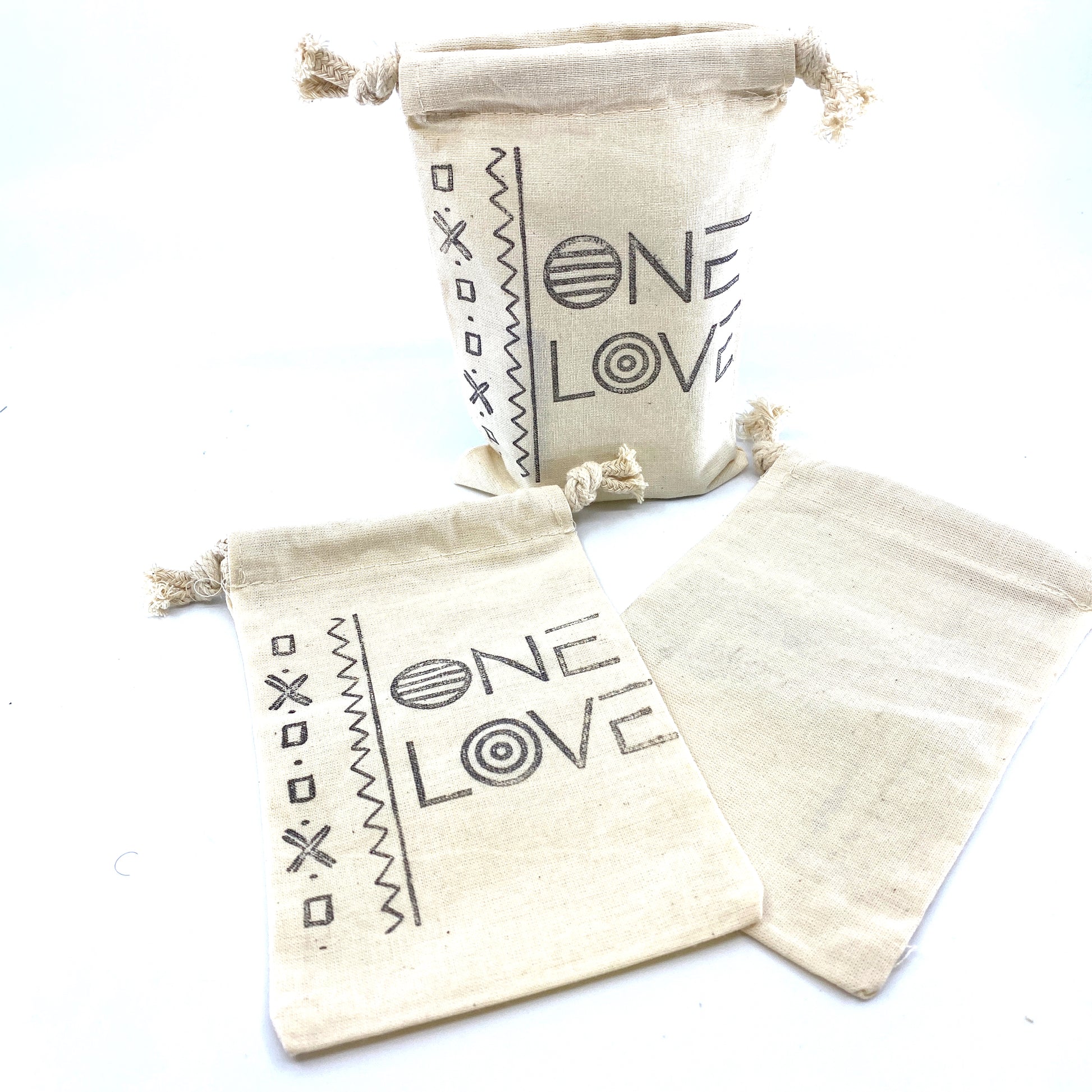 Hand Stamped, One Love, Cotton Drawstring Pouches 4" x 6" Sunsum®