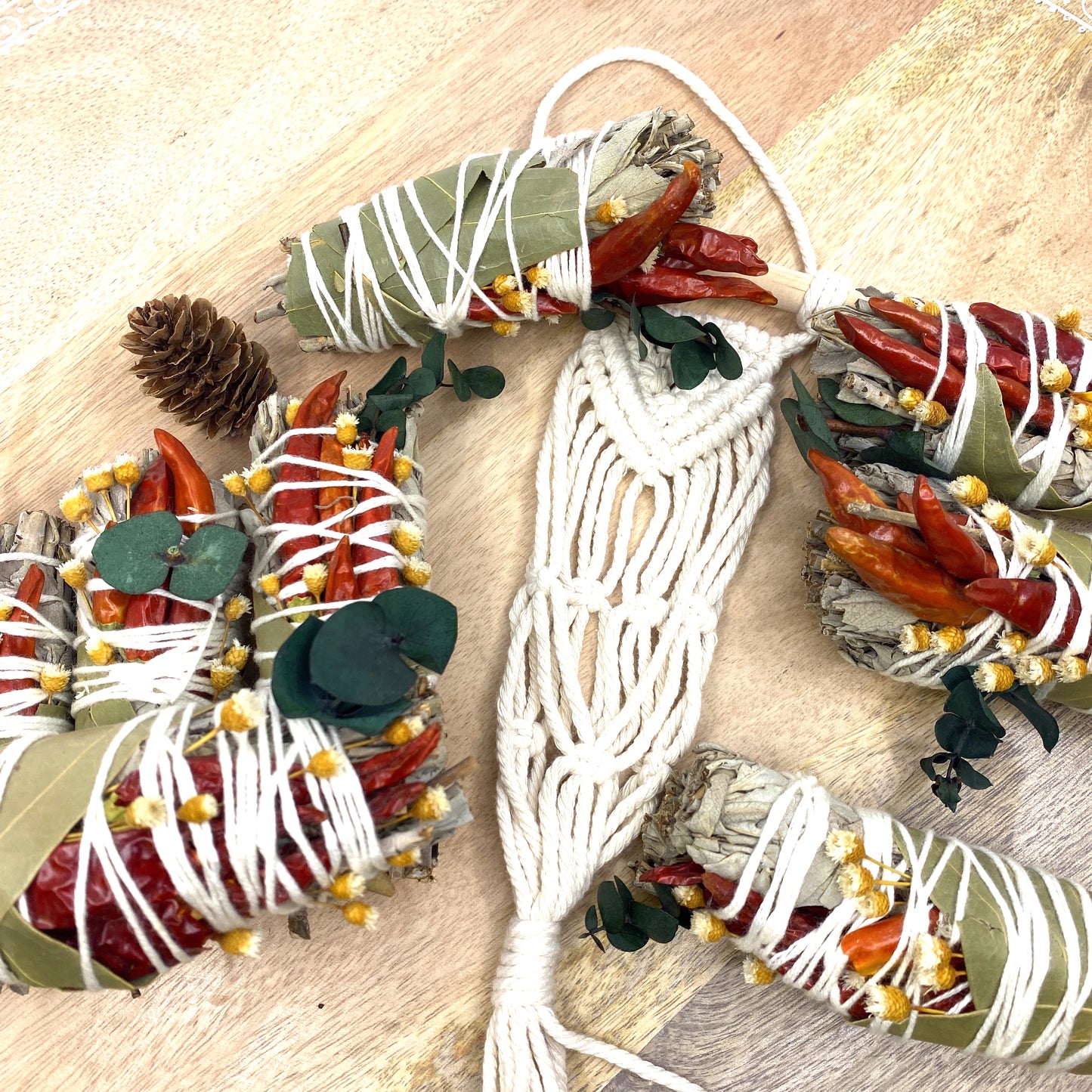 White Sage & Copal Smudge Stick with Red Chili Peppers, Bay Leaves,  4 " Sunsum®