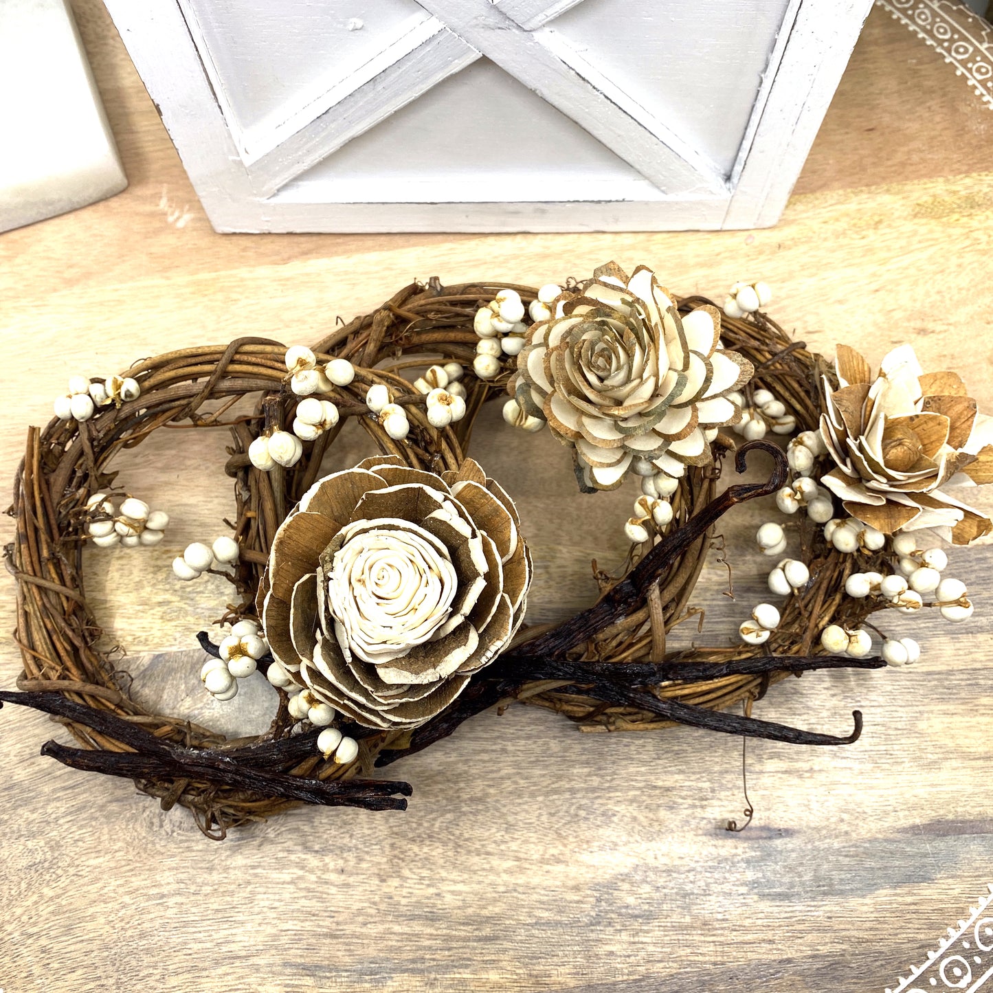 Vanilla Bean, Grapevine Wreath Ornaments with Dried Flowers, 6” Sunsum®
