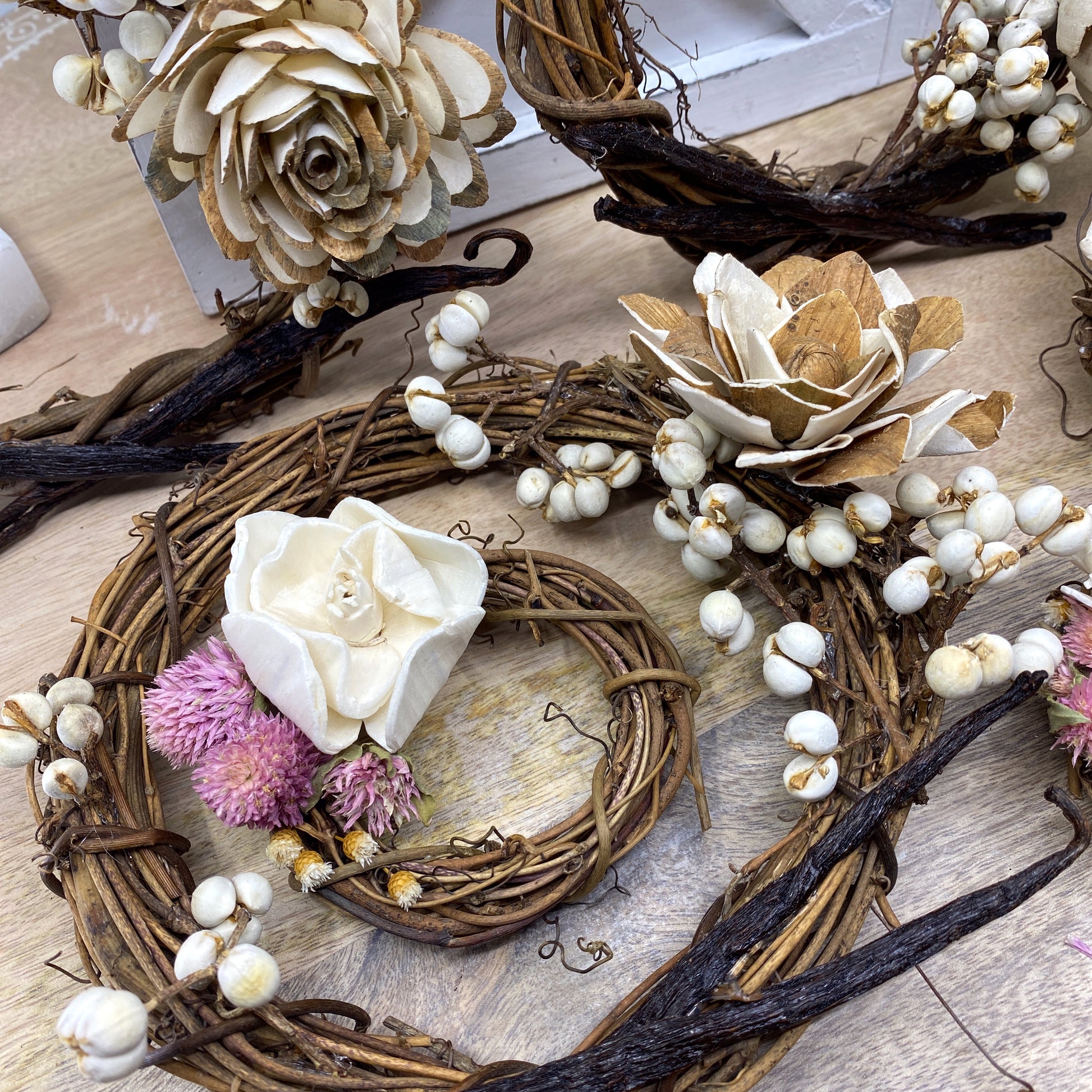 Vanilla Bean, Grapevine Wreath Ornaments with Dried Flowers, 6” Sunsum®