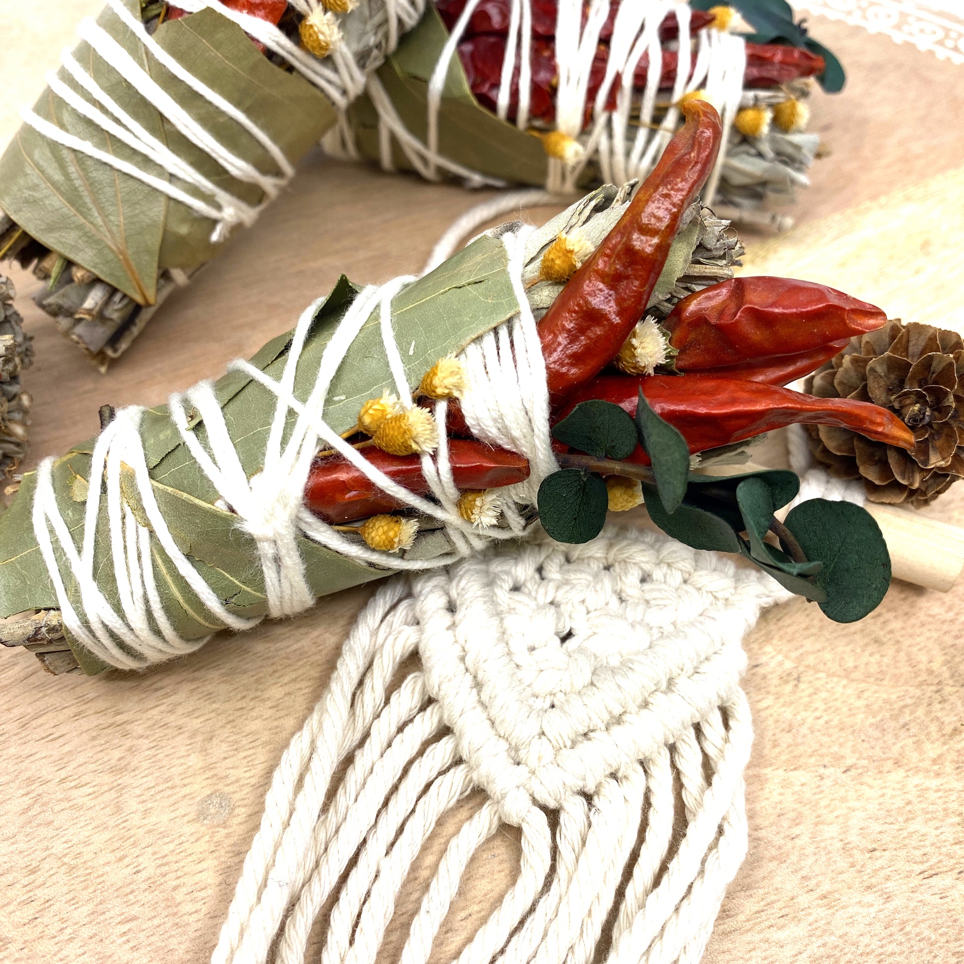 White Sage & Copal Smudge Stick with Red Chili Peppers, Bay Leaves,  4 " Sunsum®