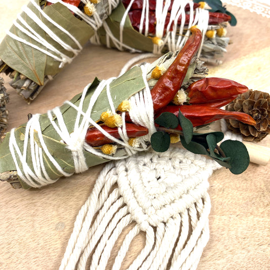 White Sage & Copal Smudge Stick with Red Chili Peppers, Bay Leaves,  4 " Sunsum®