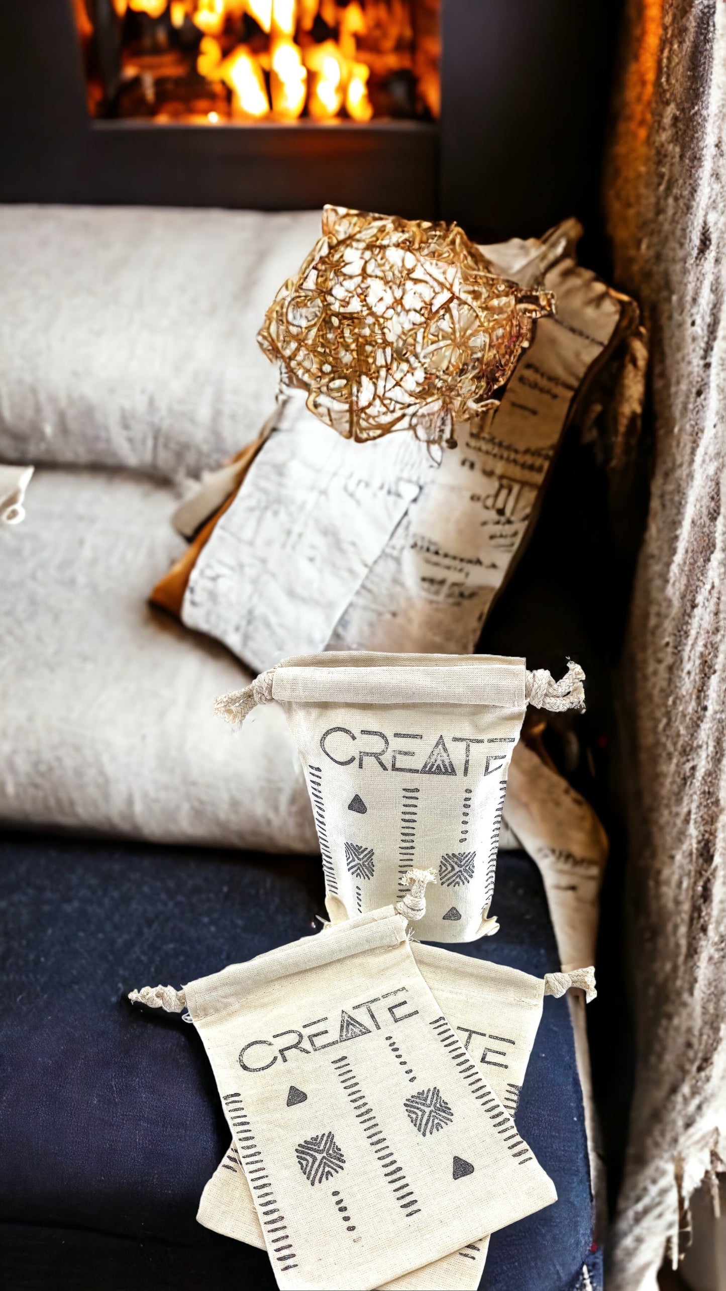 Hand Stamped, Create, Cotton Drawstring Pouches 4" x 6"