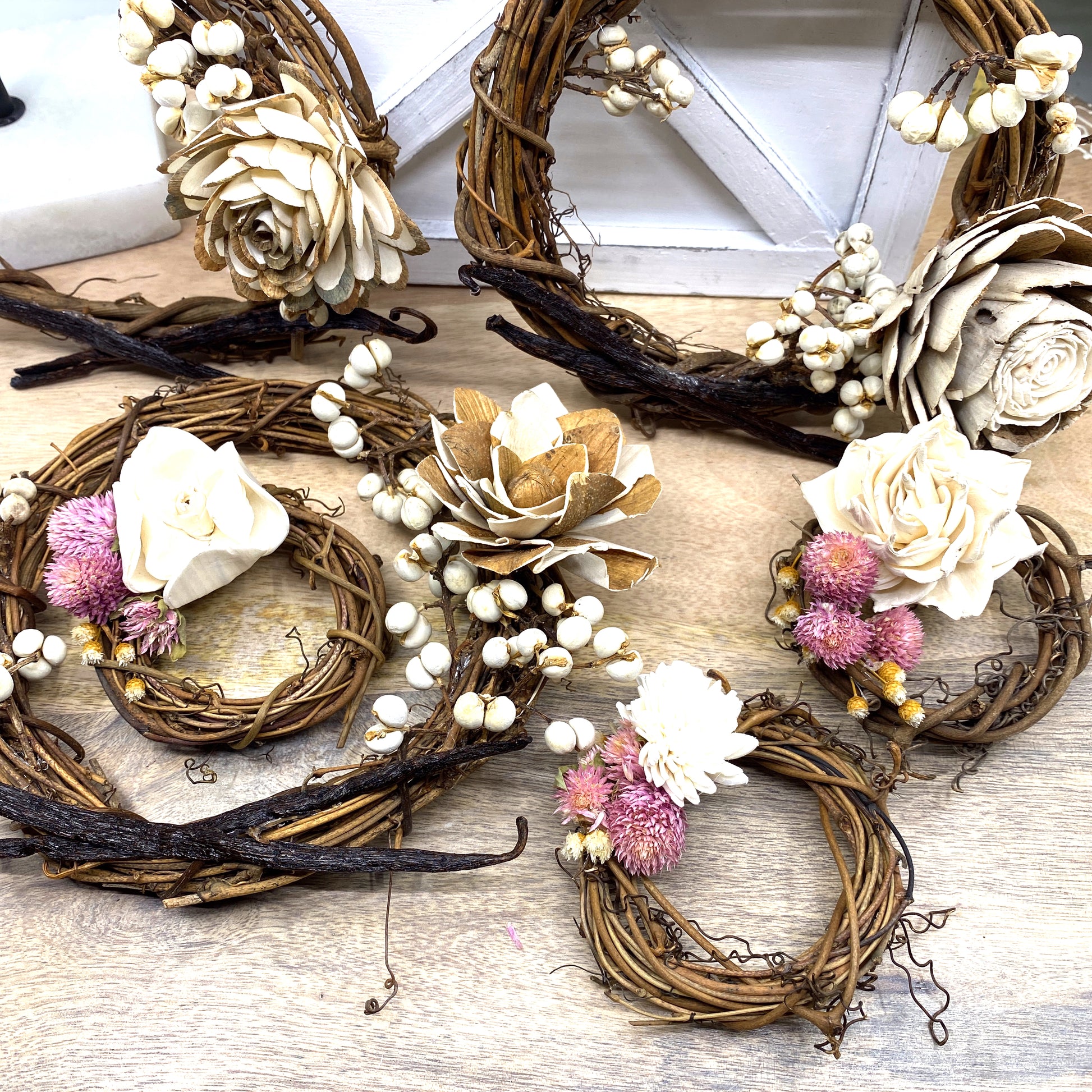 Vanilla Bean, Grapevine Wreath Ornaments with Dried Flowers, 6” Sunsum®
