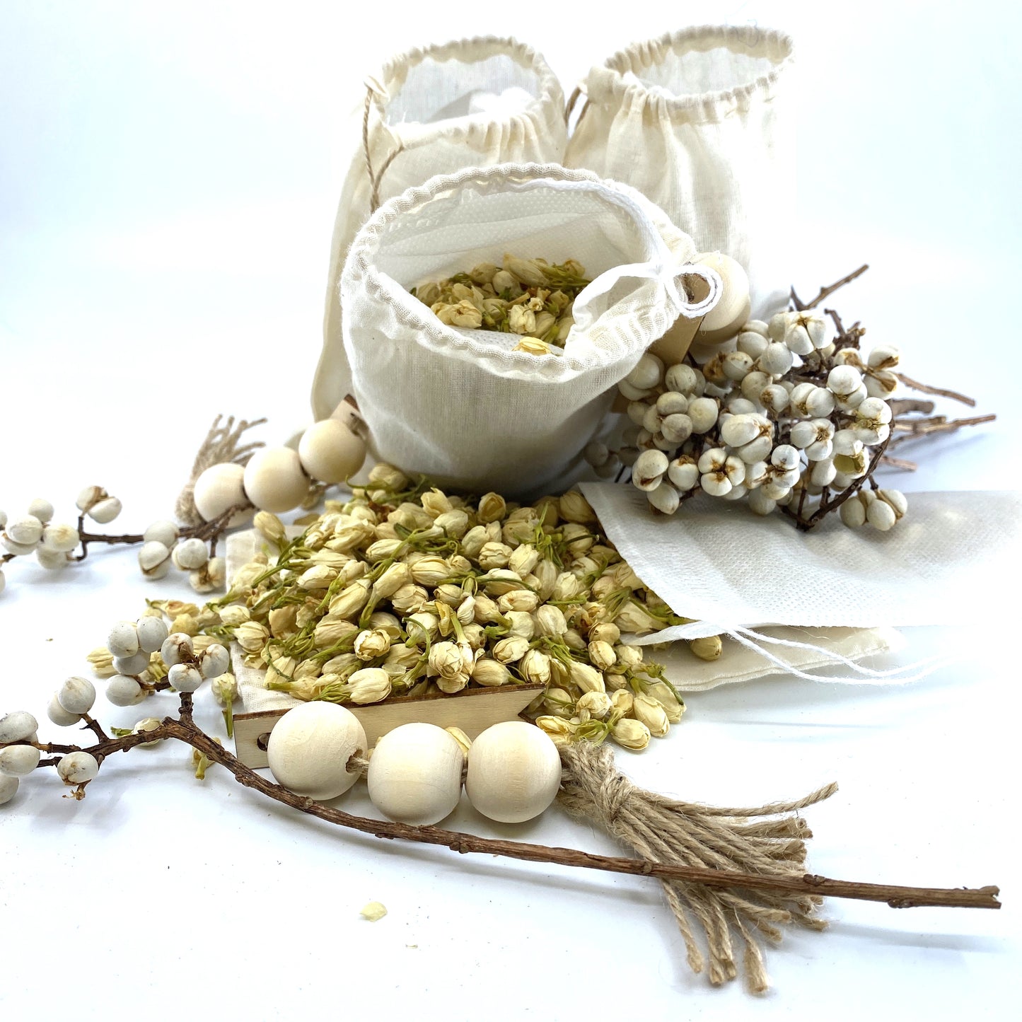 100% Naturally Dried Jasmine Flowers, Jute & Wooden Beaded Drawstring Sack, 1/2 oz Sunsum®