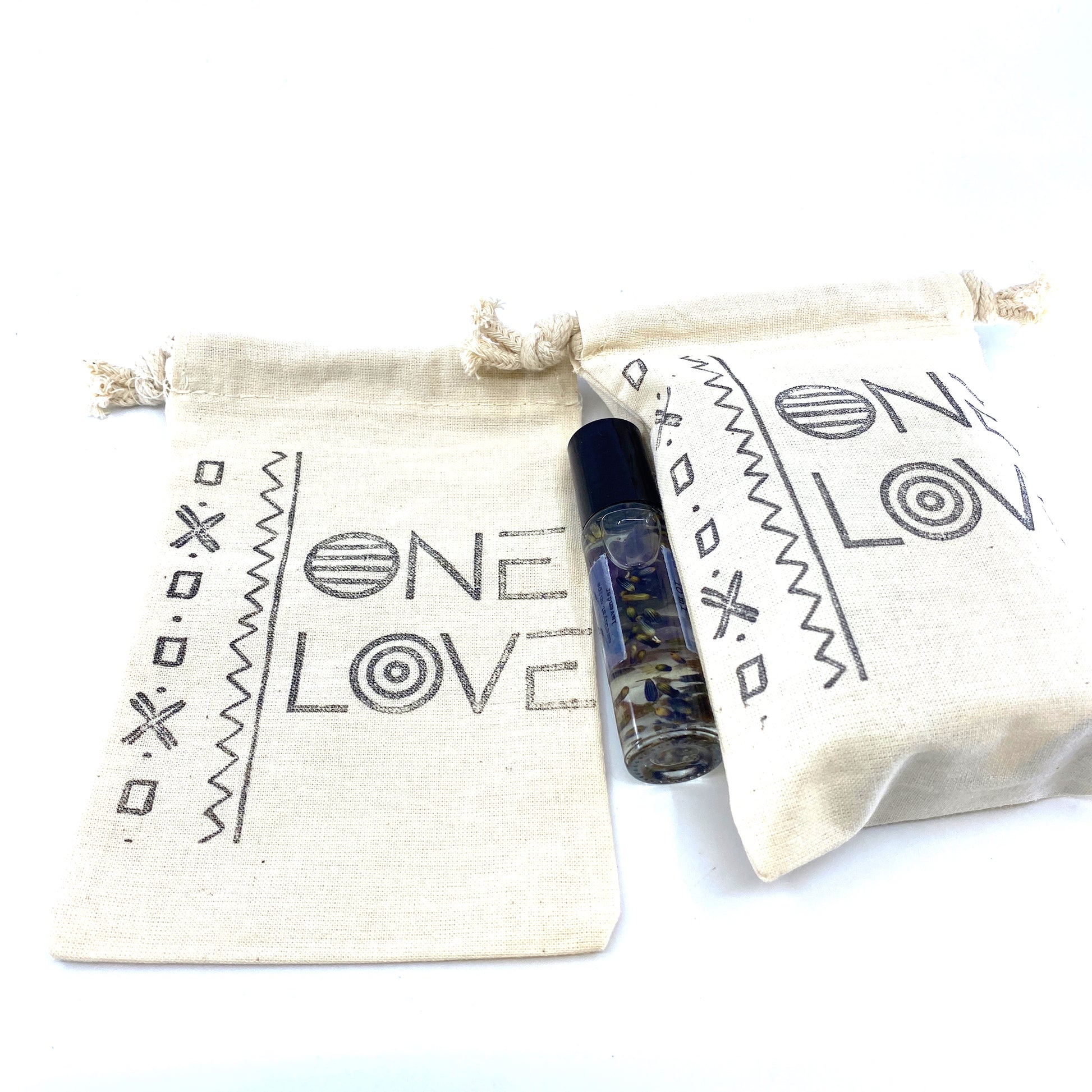 Hand Stamped, One Love, Cotton Drawstring Pouches 4" x 6" Sunsum®
