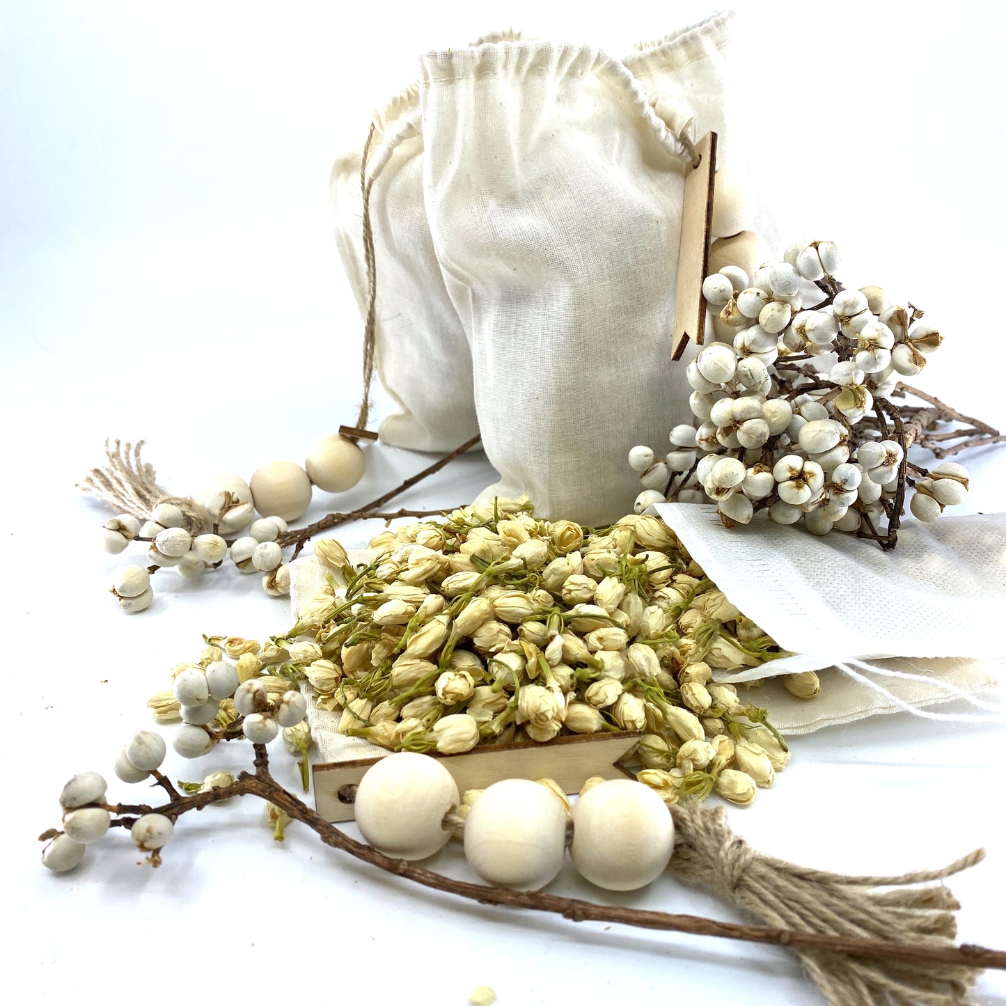100% Naturally Dried Jasmine Flowers, Jute & Wooden Beaded Drawstring Sack, 1/2 oz Sunsum®