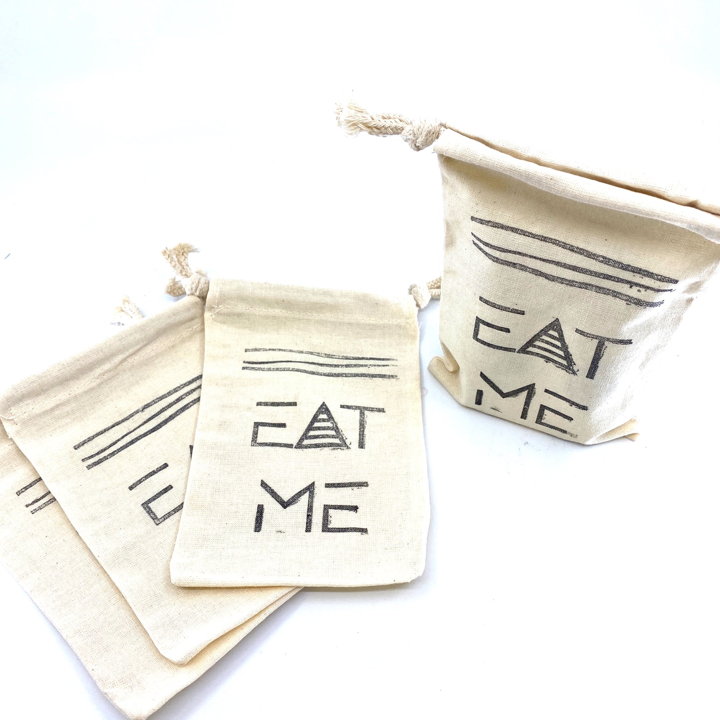 Hand Stamped, Eat Me, Cotton Drawstring Pouches 4" x 6" Sunsum®