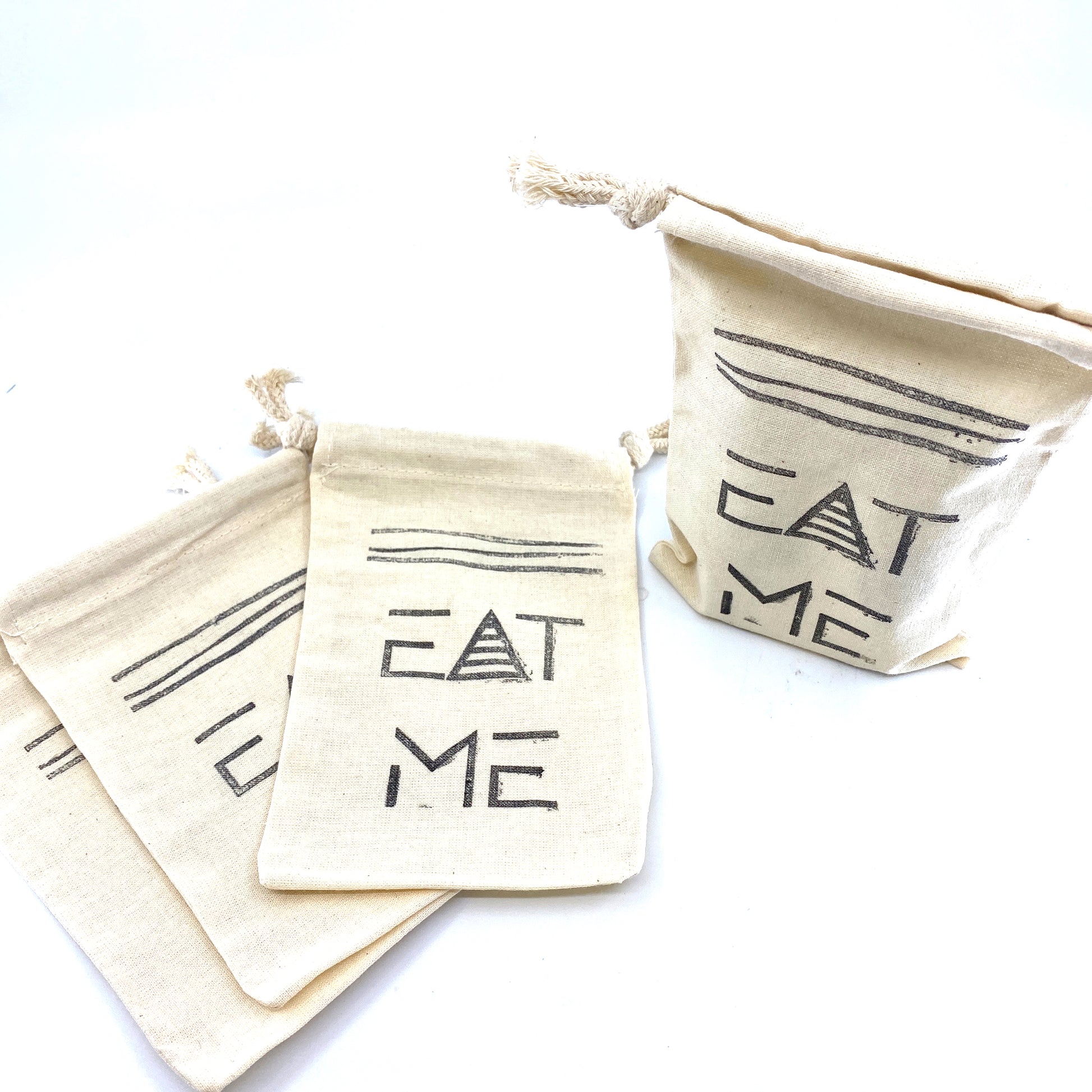 Hand Stamped, Eat Me, Cotton Drawstring Pouches 4" x 6" Sunsum®