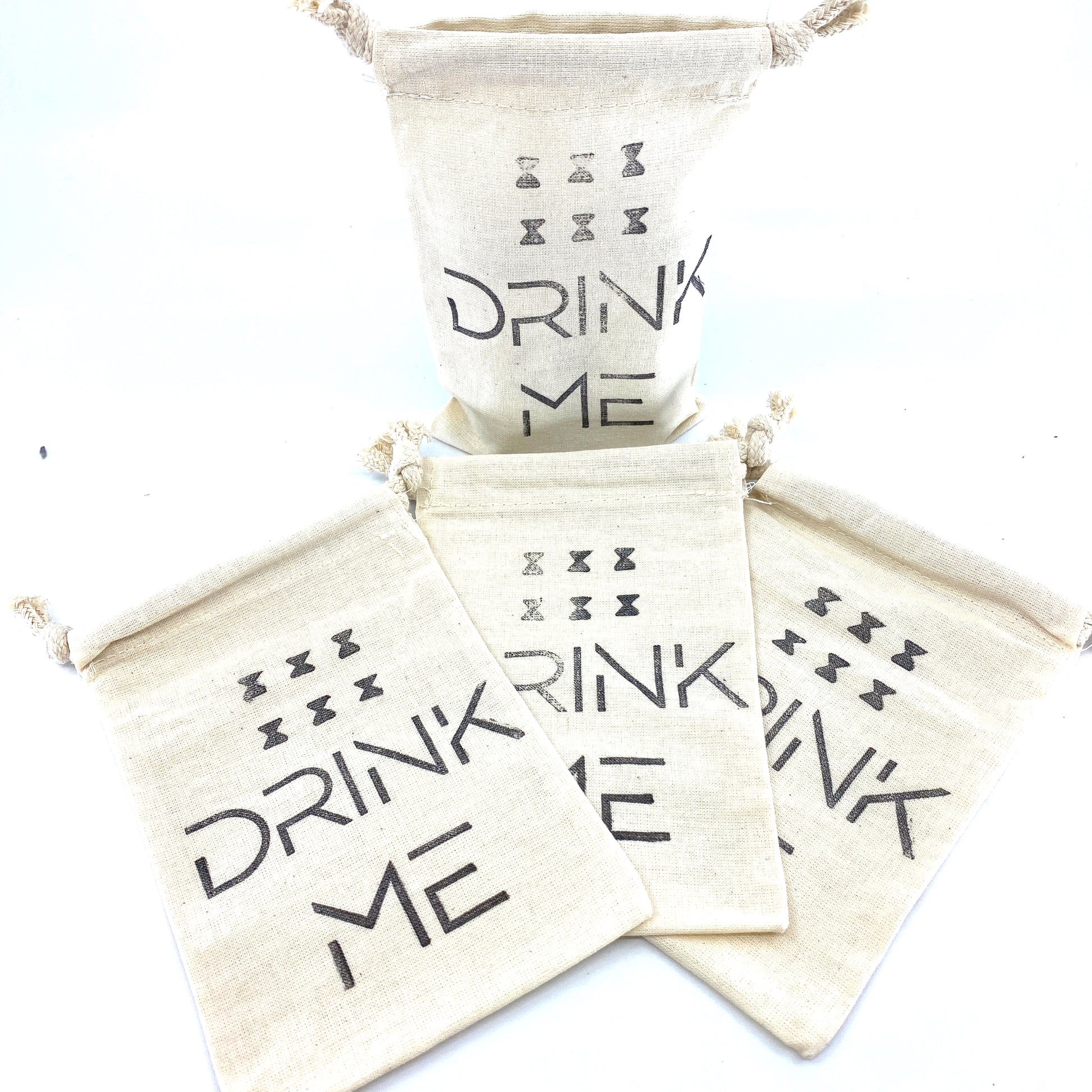 Hand Stamped, Drink Me, Cotton Drawstring Pouches 4" x 6" Sunsum®
