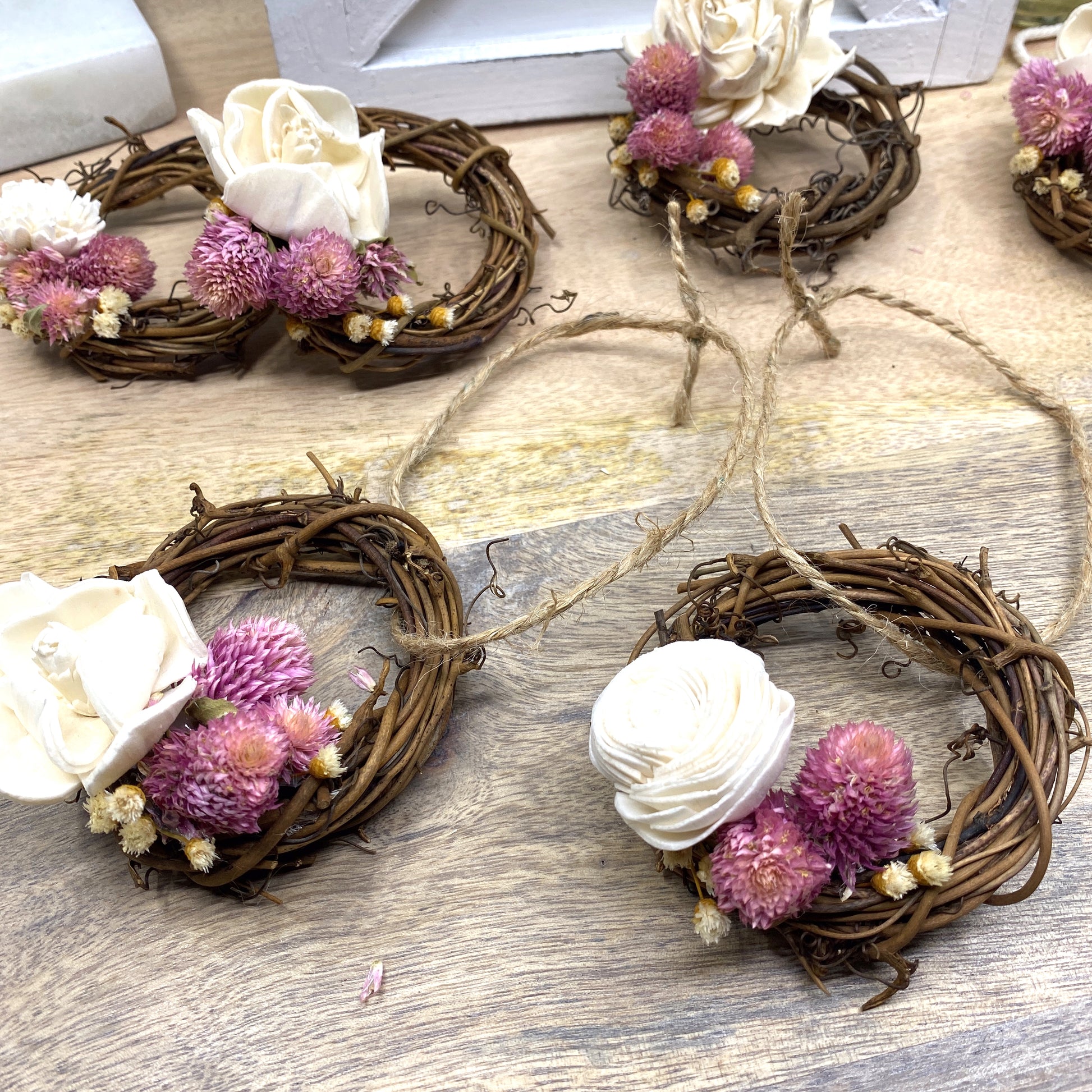 Mini Grapevine Wreath Ornaments with Dried Flowers, 3” Sunsum®