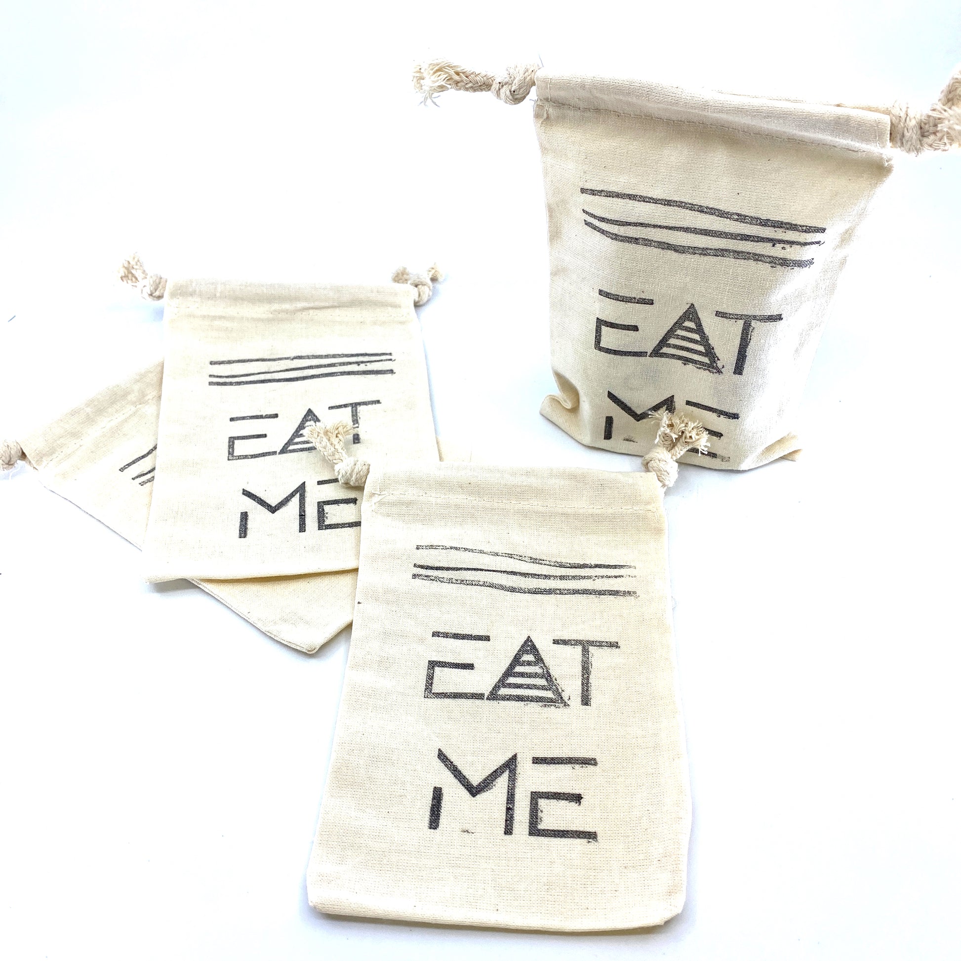 Hand Stamped, Eat Me, Cotton Drawstring Pouches 4" x 6" Sunsum®