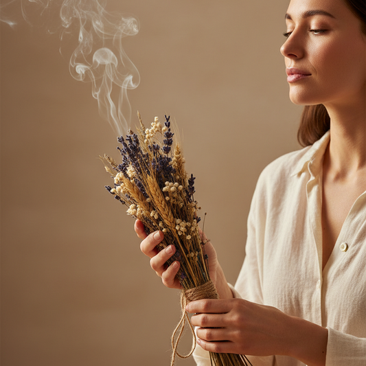 smudging with a lavender & wheat floral wand