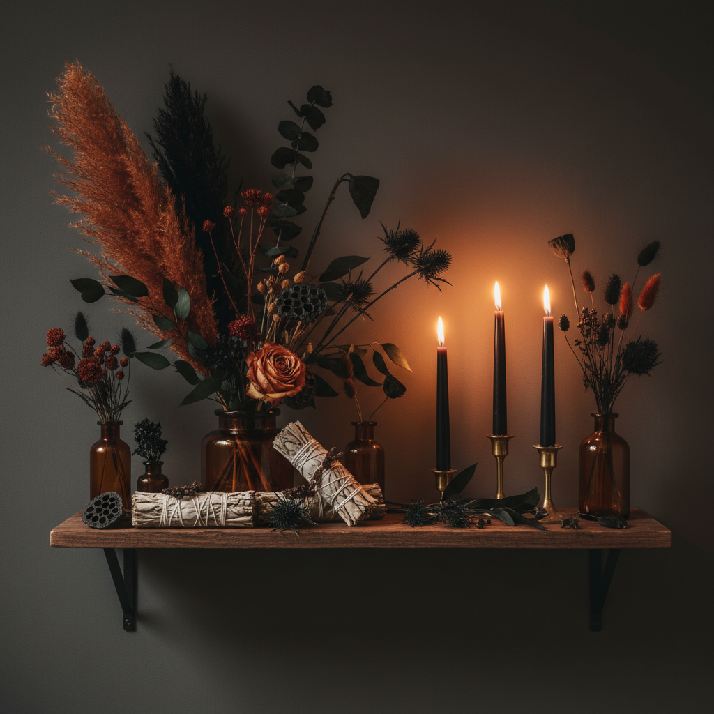 The Halloween Botanical Shelf: How to Style Dried Flowers and Smudge Bundles for October