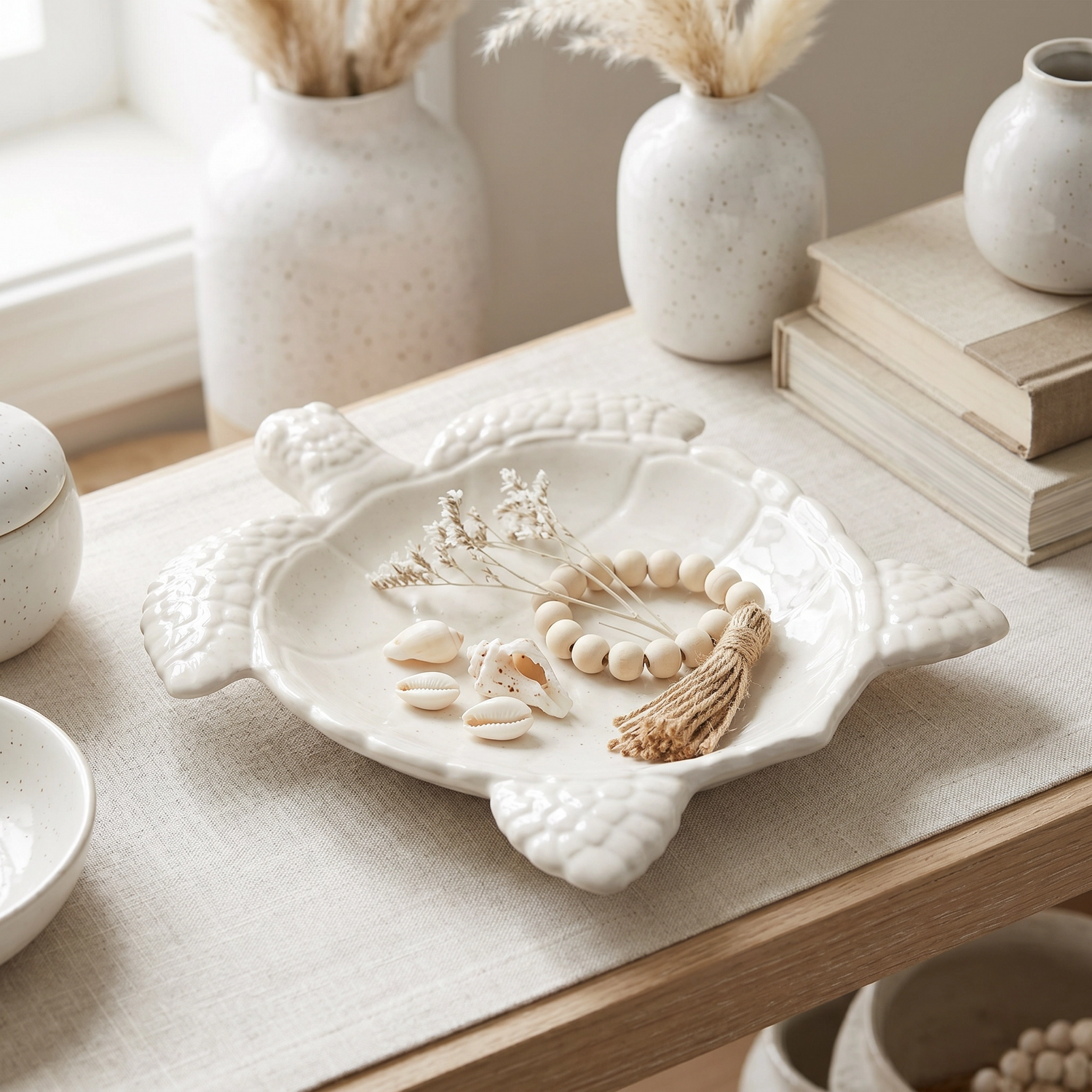 Handcast gypsum pottery by Sunsum® — Sea Turtle Tray with coastal shells