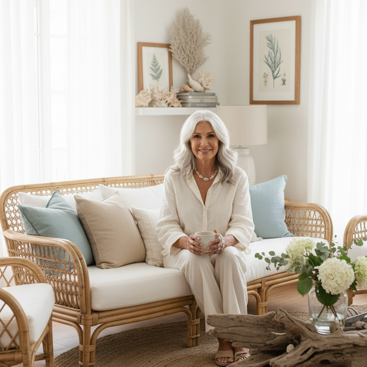 Woman sitting on a wicker sofa in a stylish living room with decor elements.