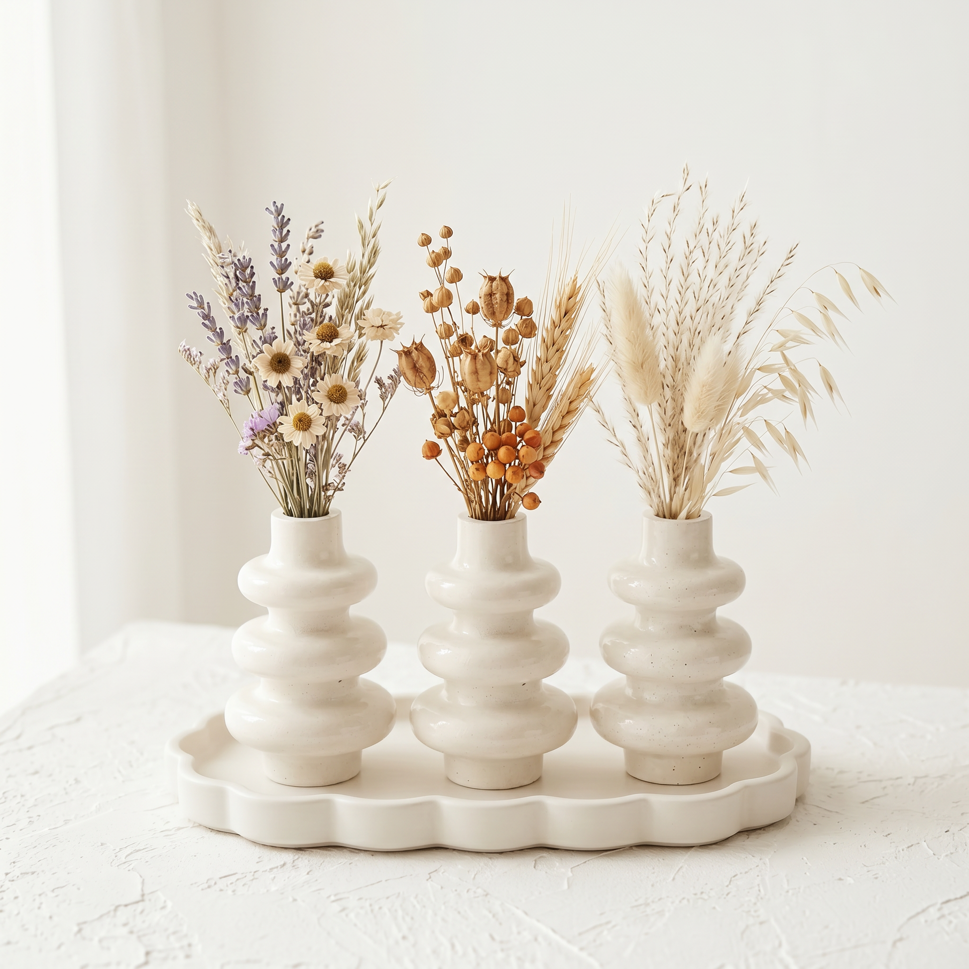 Three Sunsum® Stacked Bubble Gypsum Vases styled with botanical reed diffuser stick bundles