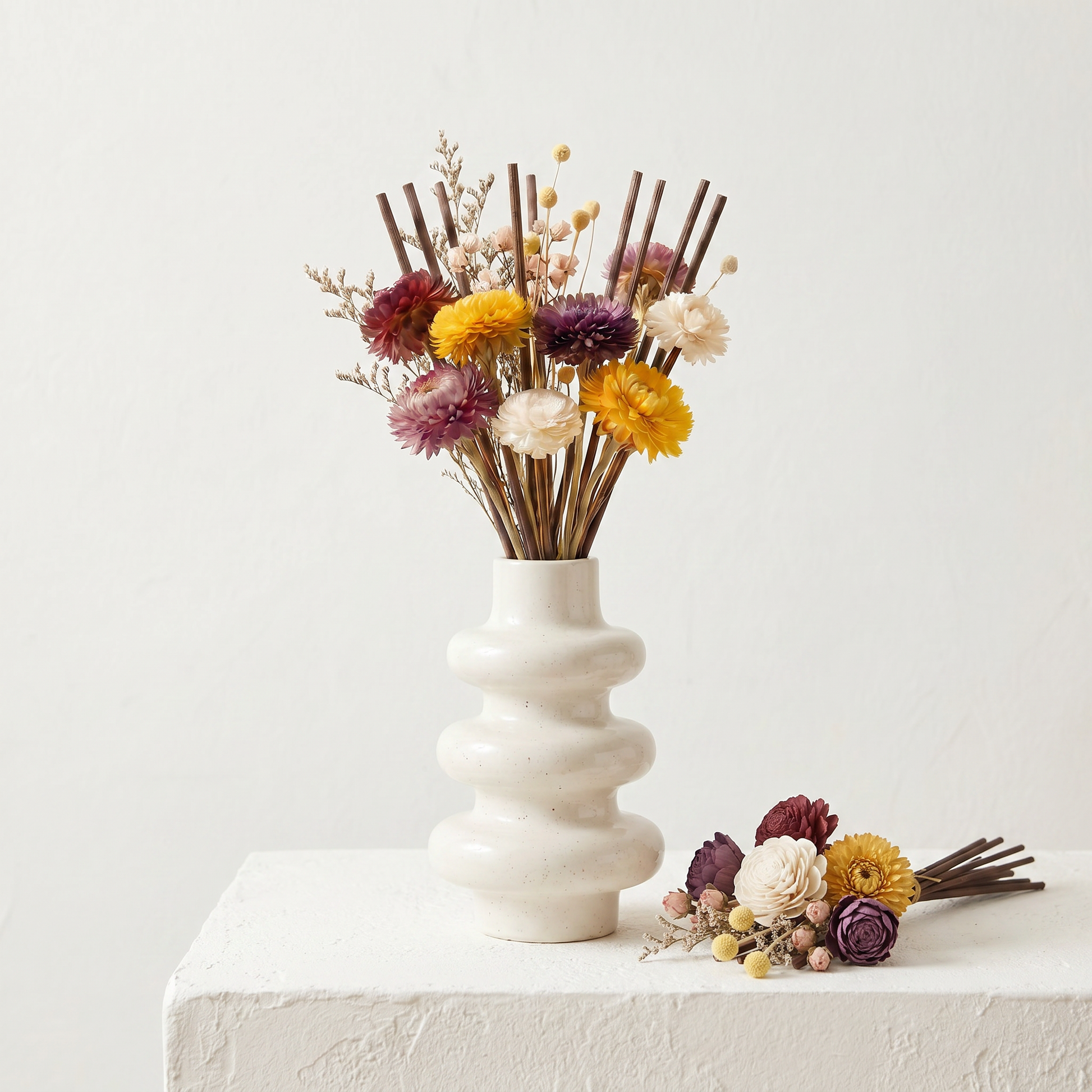 Sunsum® Stacked Bubble Vase Gift Set with Country Garden botanical reed diffuser sticks — gypsum white