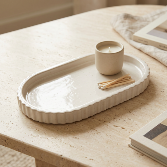 Scalloped Oblong Tray, Gypsum White 7"