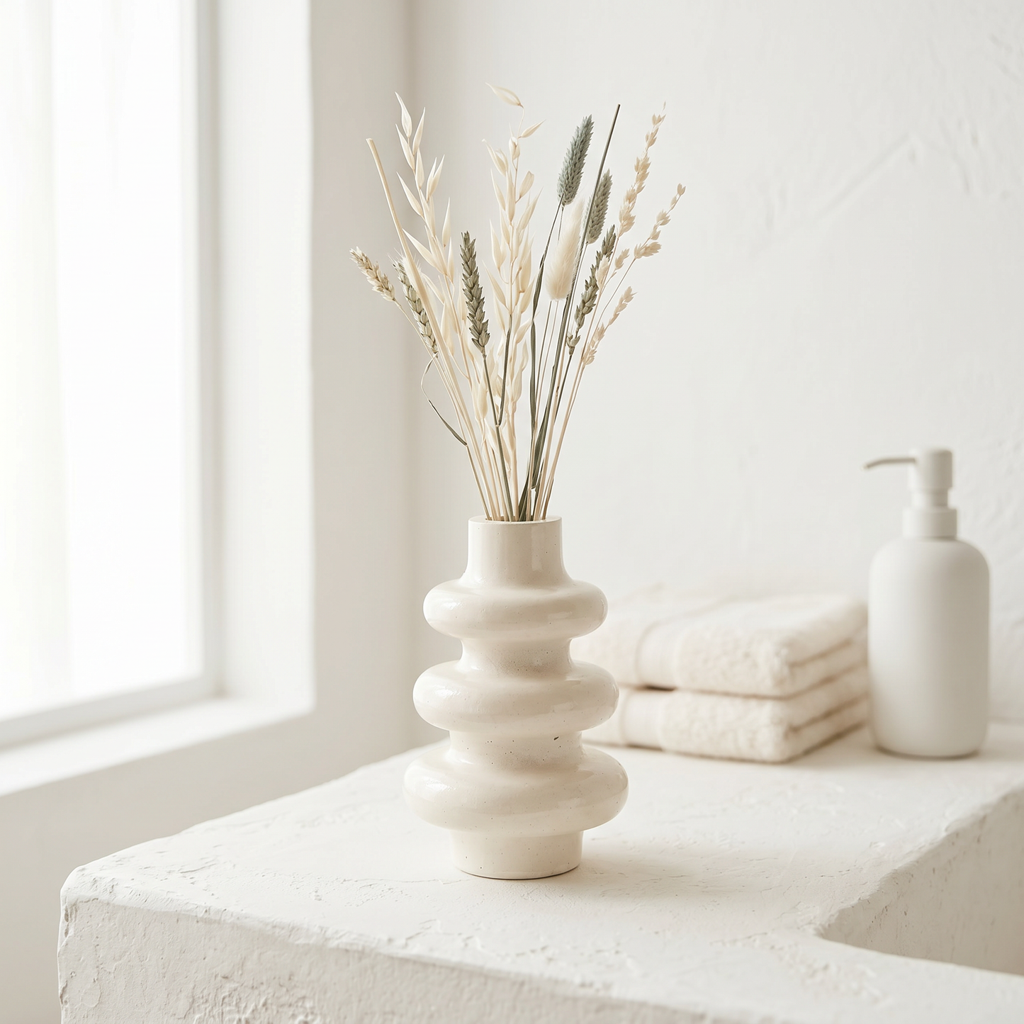 Sunsum® Stacked Bubble Gypsum Vase on spa counter with botanical reed diffuser sticks