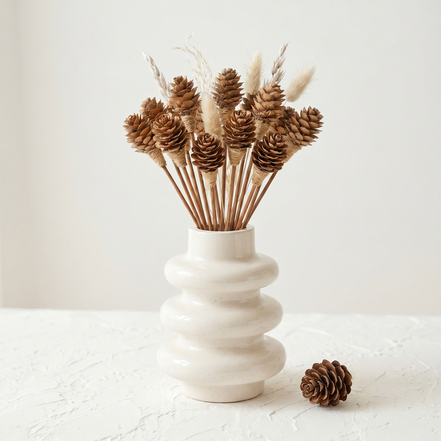 Sunsum® Stacked Bubble Vase Gift Set with Mini Pinecone reed diffuser sticks — gypsum white