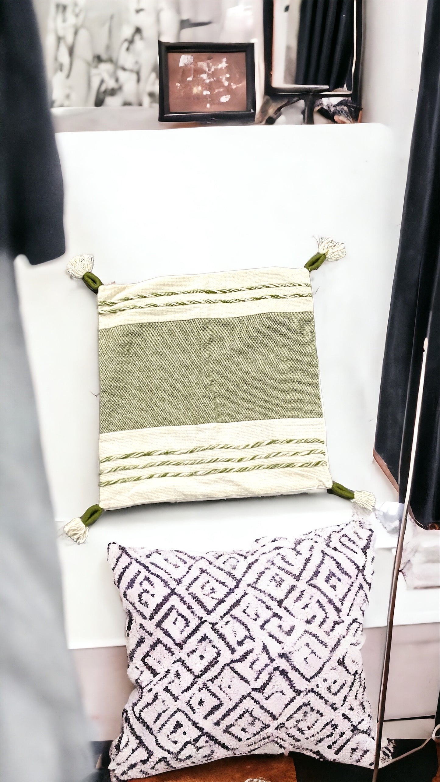 Green & Natural White Striped Tasseled Linen Textured, 2 Pillow Covers 20 X 20