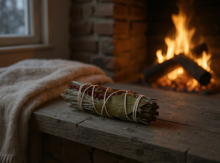White Sage & Copal Smudge Stick — Red Chili & Bay Leaf, 4"