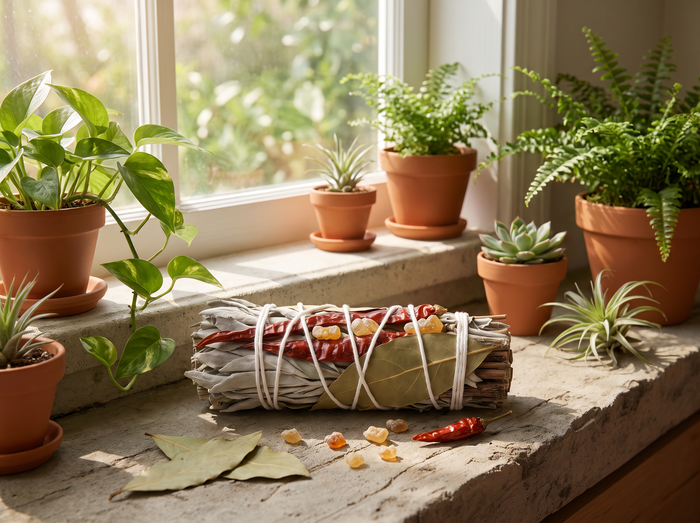 White Sage & Copal Smudge Stick — Red Chili & Bay Leaf, 4"