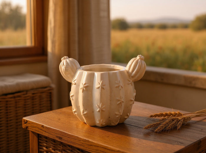 Barrel Cactus Planter, Gypsum White 3.5"