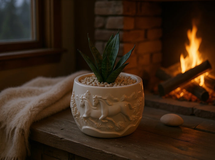 Mustang Horse Relief Planter, Gypsum White 3"