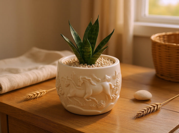 Mustang Horse Relief Planter, Gypsum White 3"