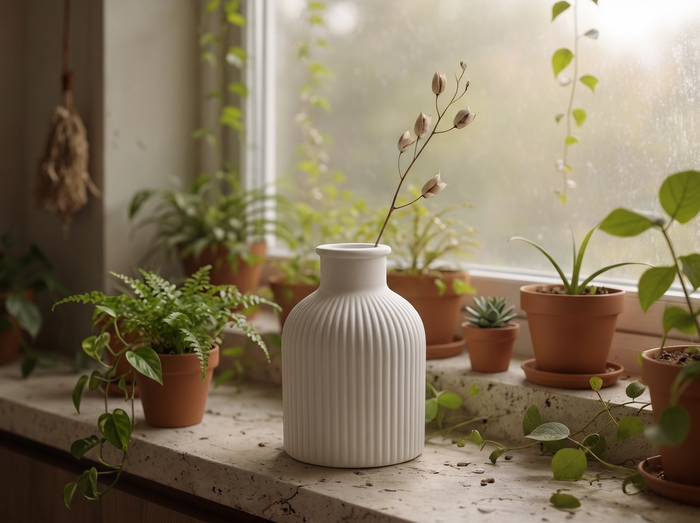 Ribbed Bottle Vase, Gypsum White 4"